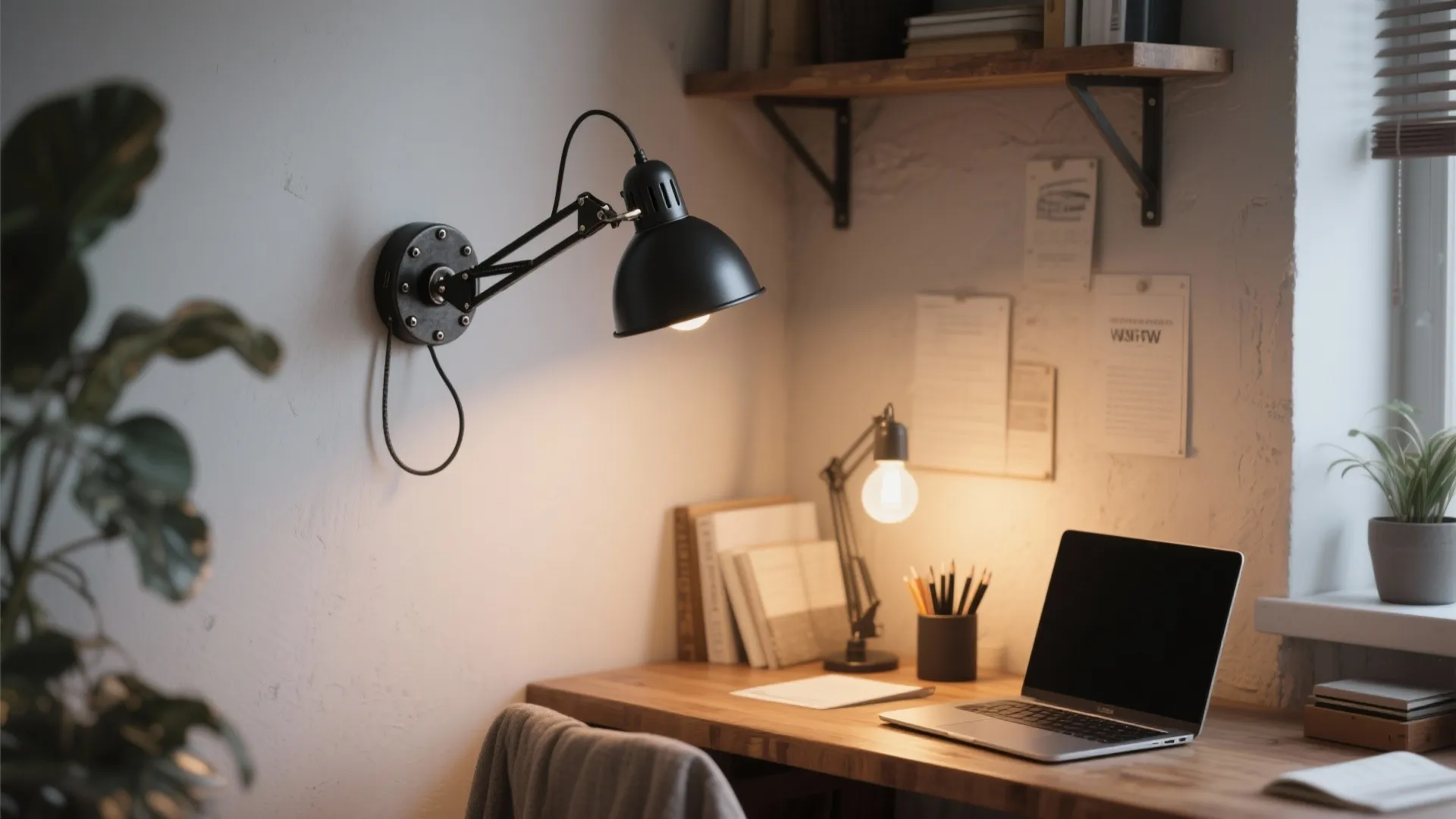 Black industrial wall light shining over a wooden desk with laptop books and small plants