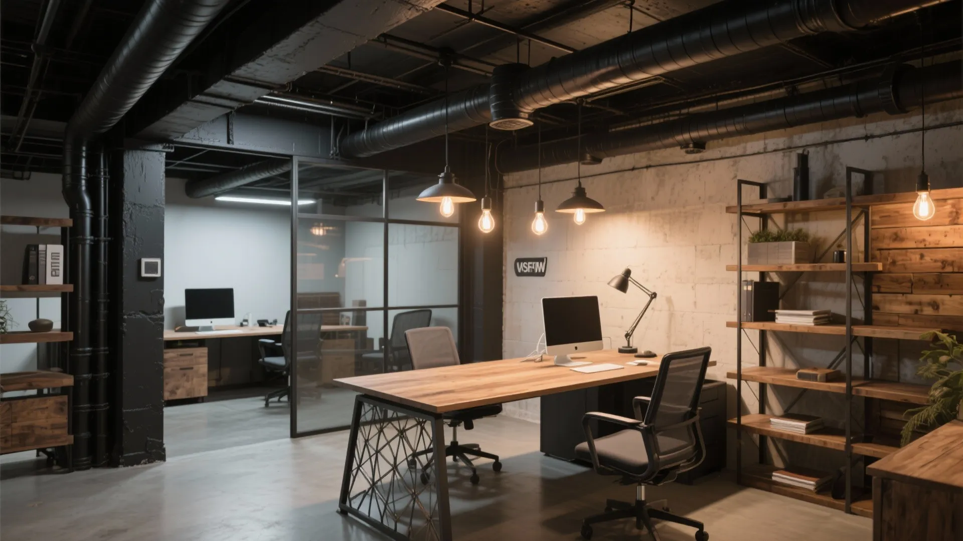 Industrial basement office featuring black ceiling pipes, brick wall, wooden desk, computer, and hanging ceiling lights
