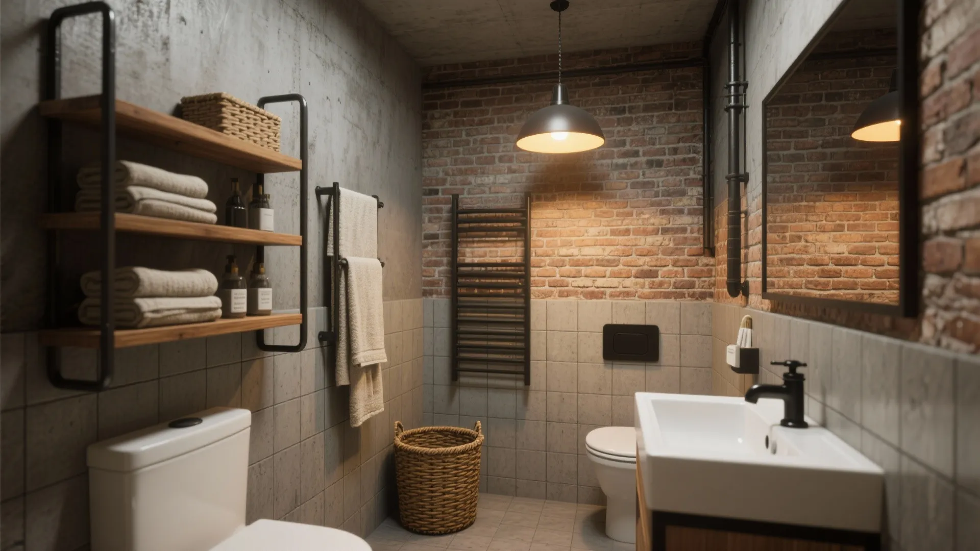 Industrial small bathroom with exposed brick, concrete-look tiles, steel shelving and warm wood touches.