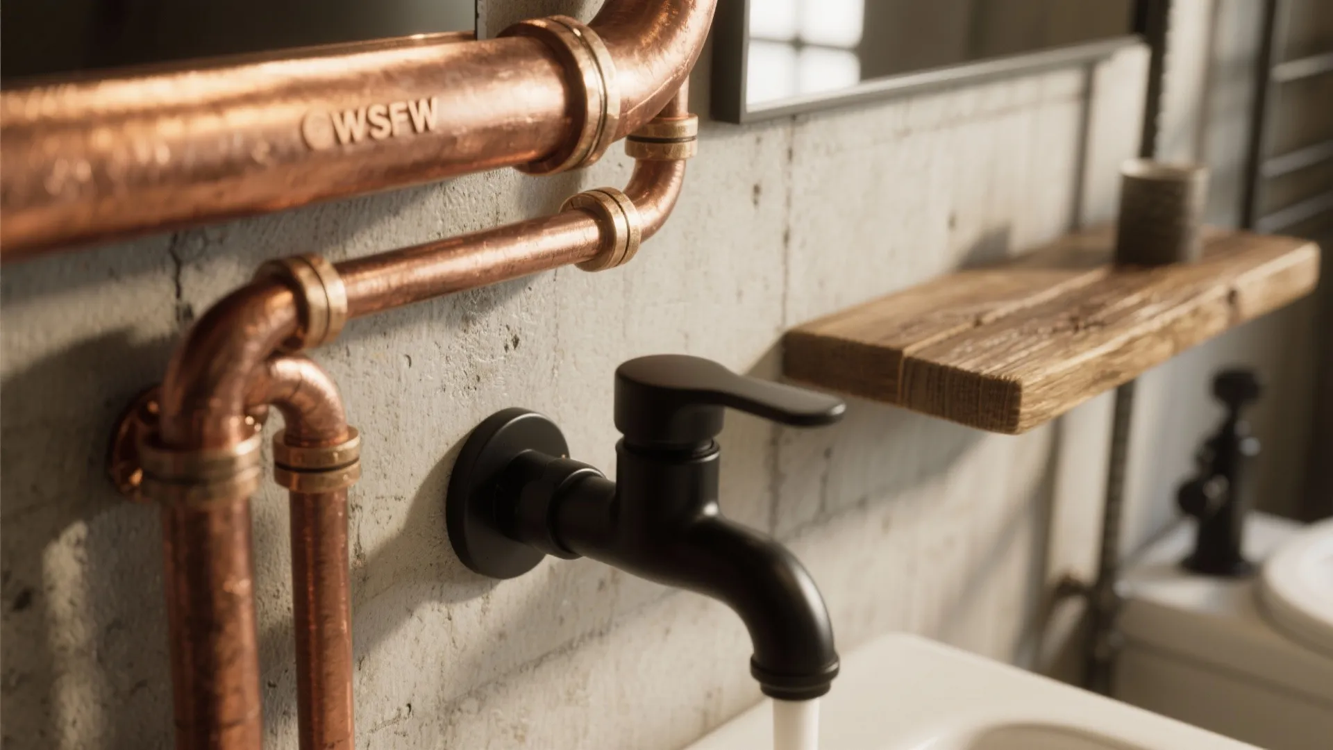 Close up of black water tap and copper pipes on grey wall with wooden shelf