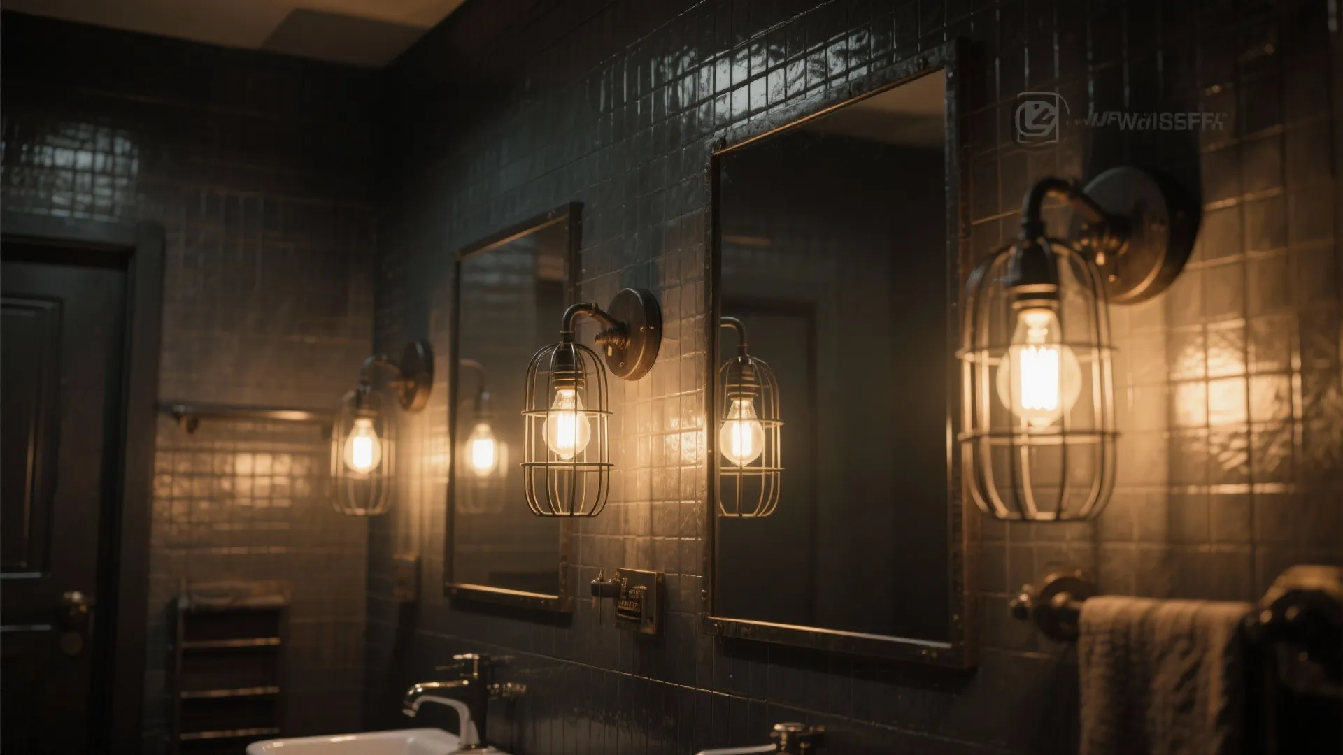 Industrial style bathroom with dark wall tiles and two wall lights reflecting in bathroom mirrors