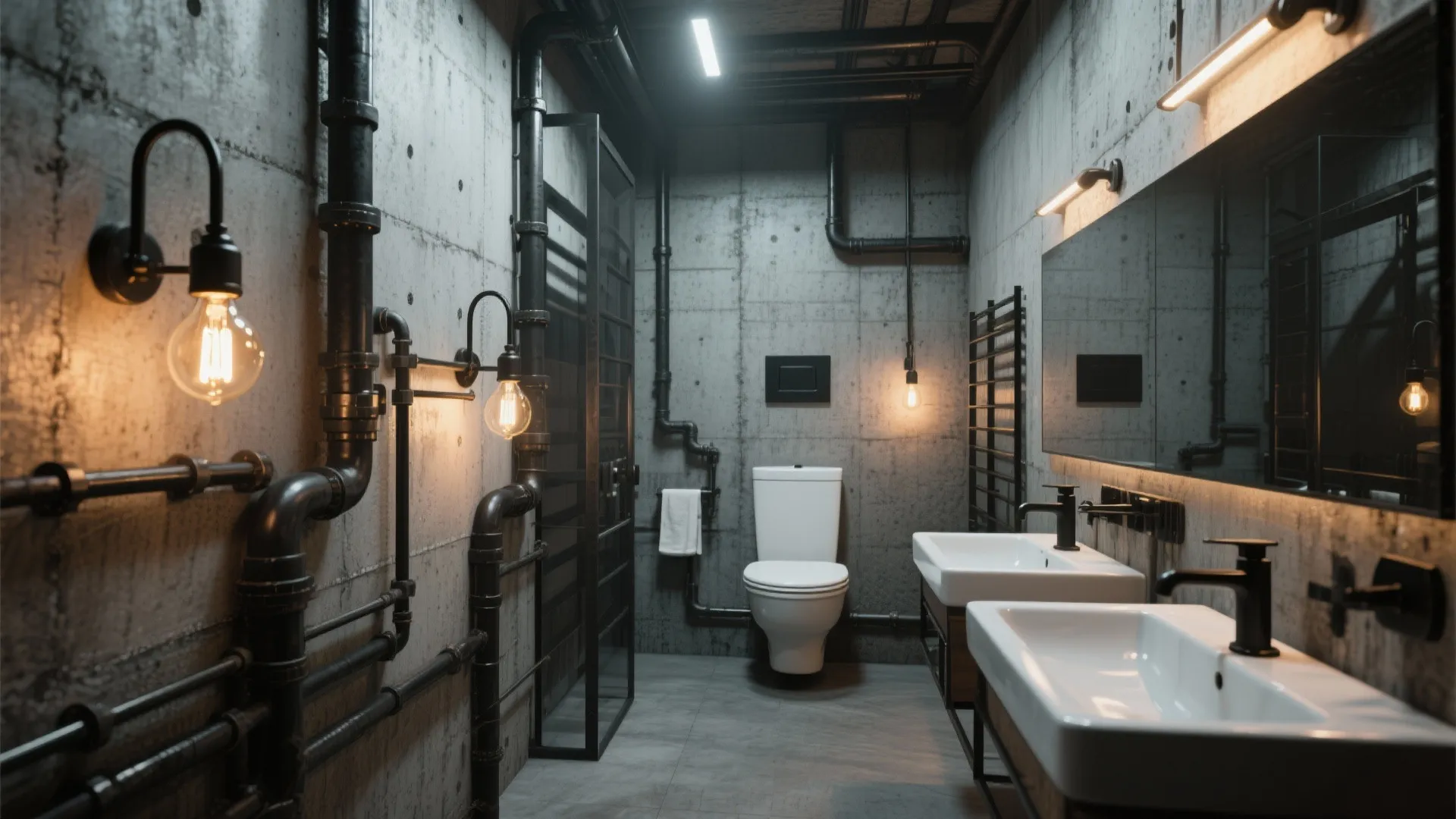 Industrial bathroom with concrete walls black water pipes double sinks white toilet and wall lights