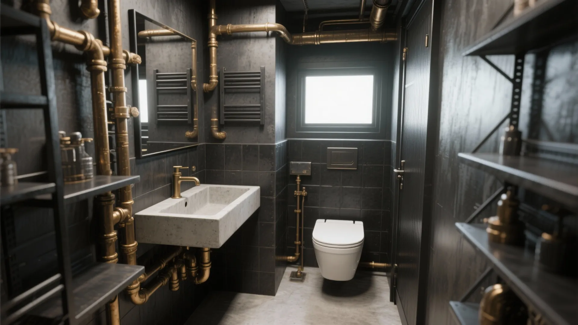 Industrial style bathroom with dark wall tiles gold pipes white stone sink and toilet design
