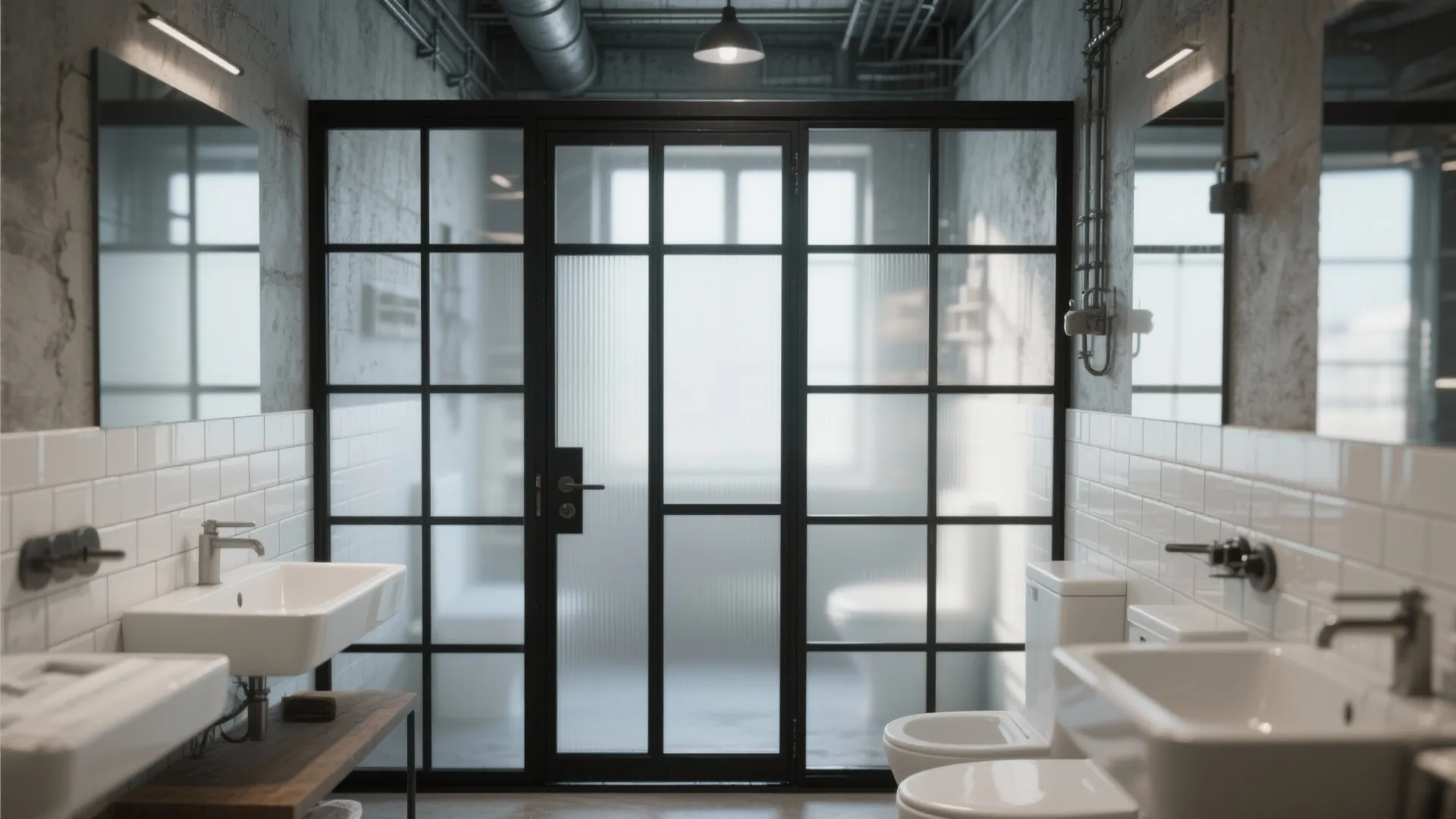 Industrial style bathroom with black metal glass door white brick walls and two white sinks