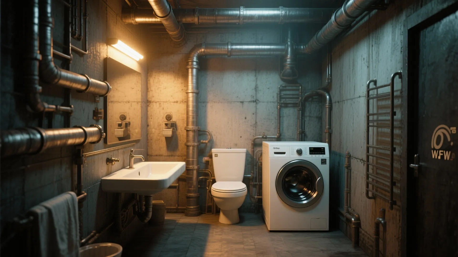 Industrial bathroom with concrete walls metal pipes white sink toilet and a front-load washing machine