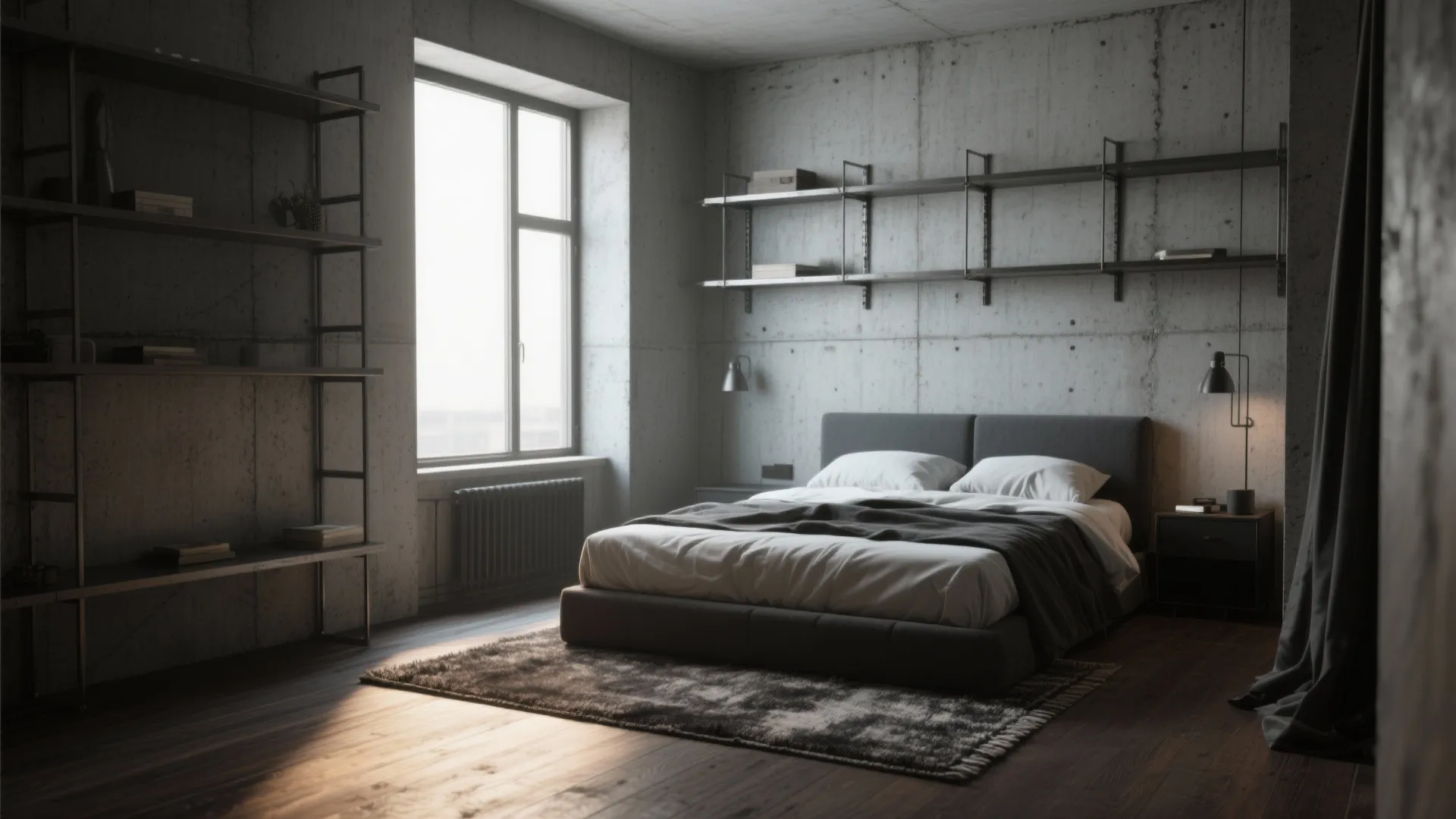 Industrial bedroom with concrete walls, dark bed, metal wall shelves, wood flooring, and a window