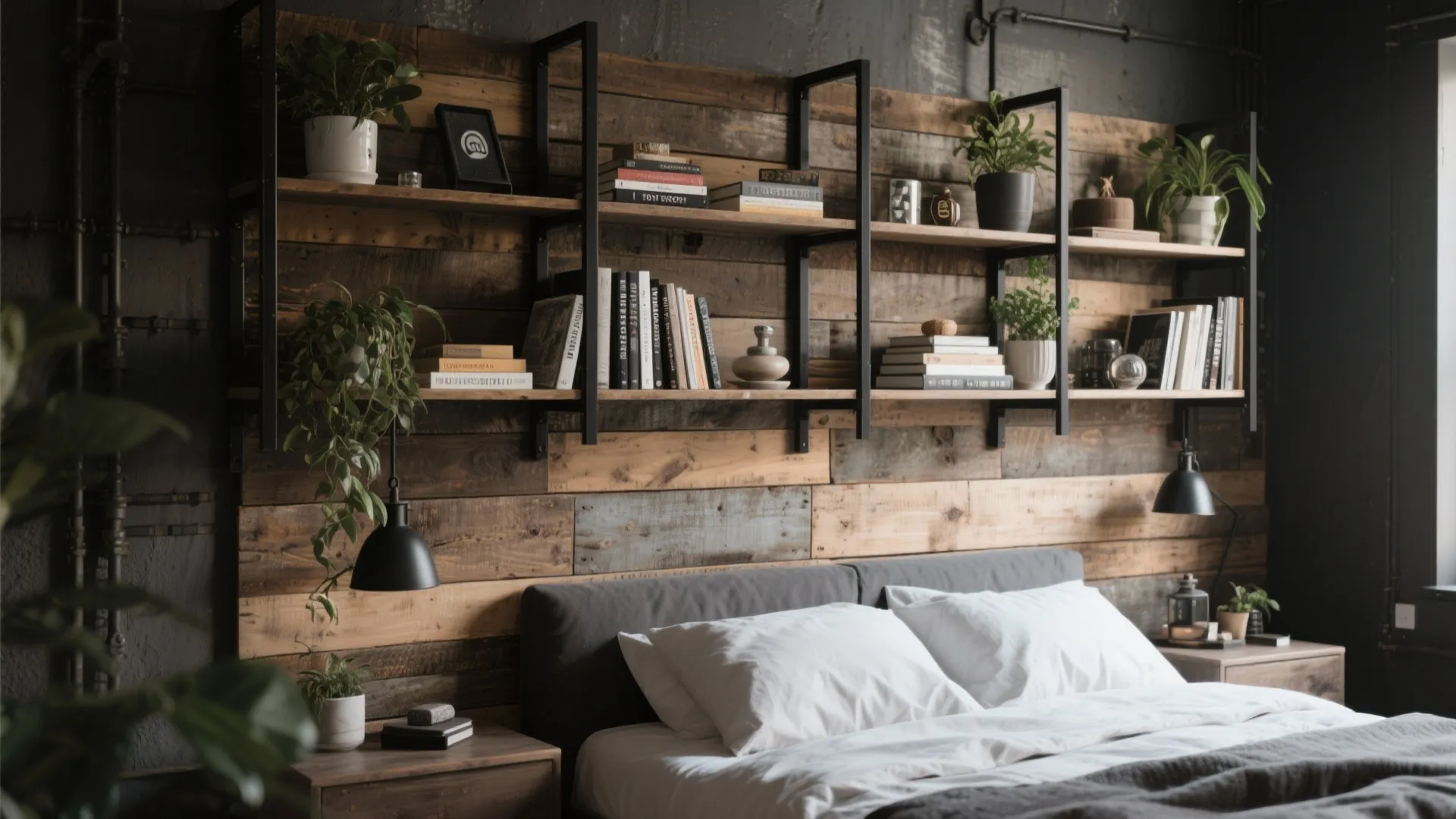 Industrial bedroom with large wooden wall panel holding black metal shelves filled with green plants