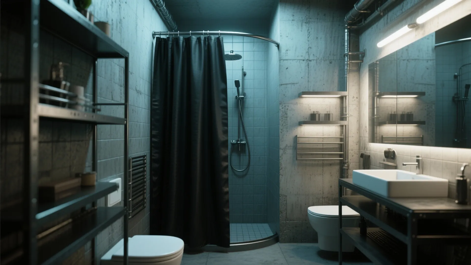 Industrial bathroom with concrete walls black curtain metal shelves white sink toilet and dark lighting
