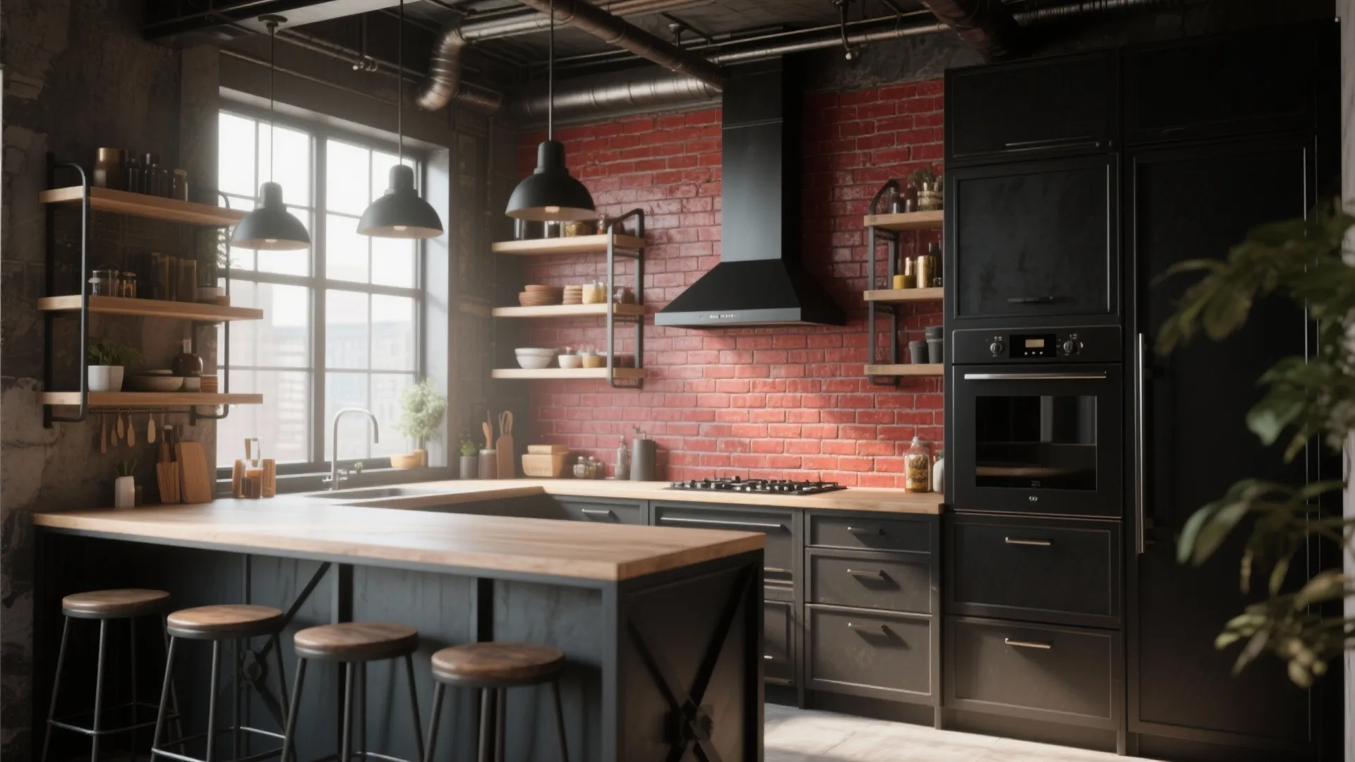 7. Industrial Black Frames with Red Brick Splash