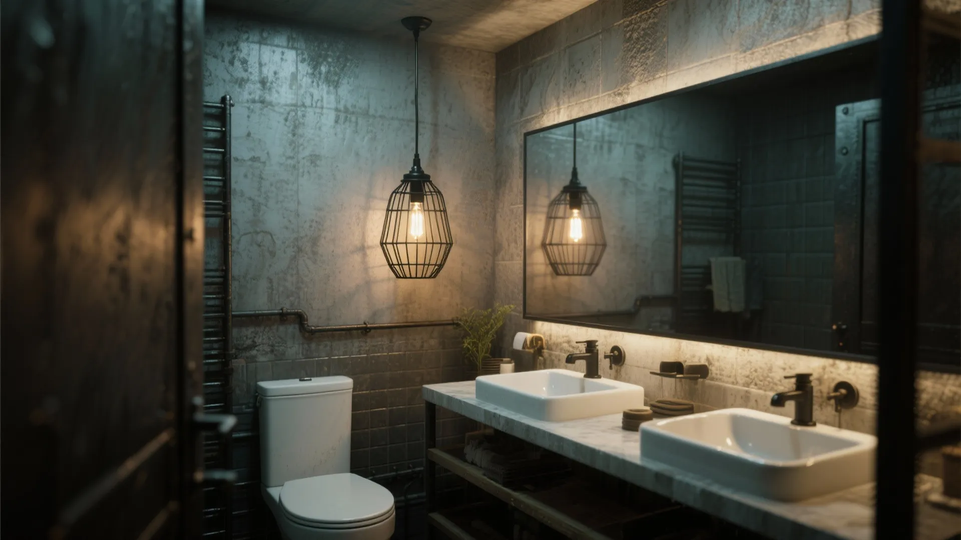 Industrial style bathroom with double sinks and hanging black cage ceiling light and large mirror