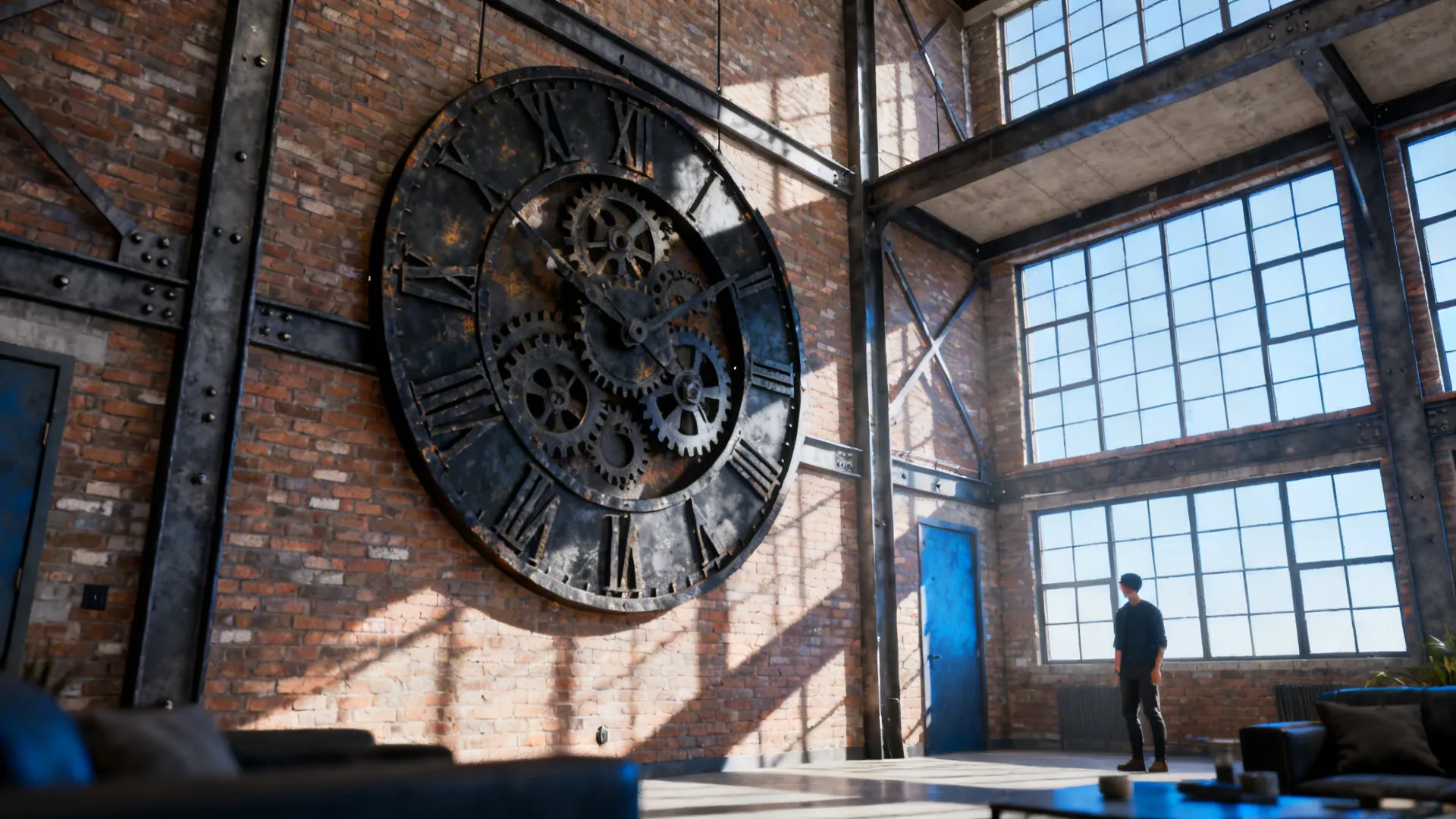 Loft living room with a large industrial black iron clock on a double-height exposed brick wall.