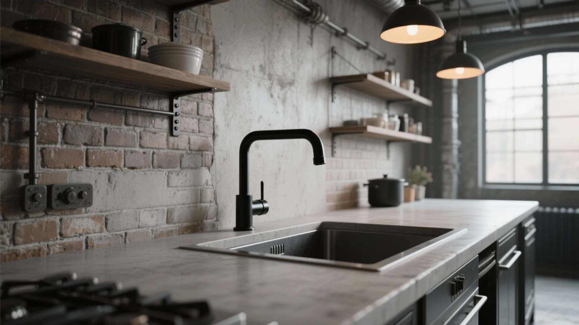 Loft kitchen with a matte black bridge faucet and exposed hardware over a concrete countertop.