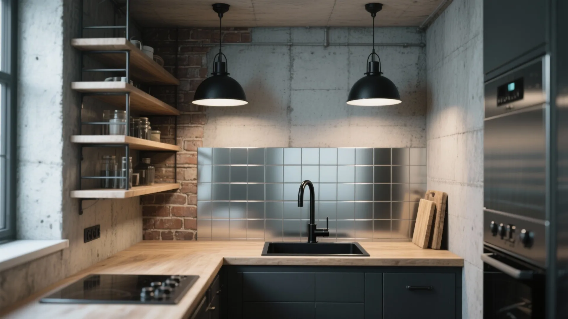 Industrial kitchen with black faucet wooden counter concrete walls brick details and two ceiling lights