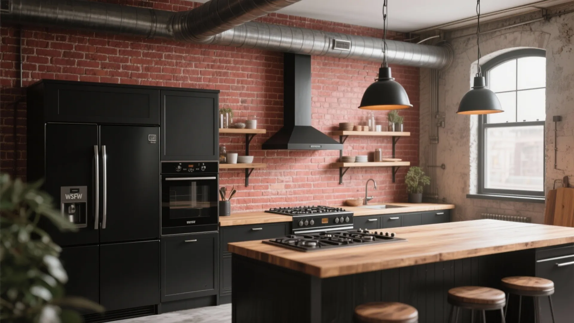 Industrial kitchen with red brick wall black cabinets wooden island stools and black ceiling lights