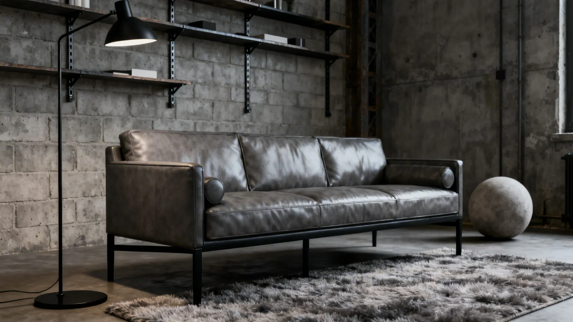 Grey leather sofa with black metal legs and industrial shelving against a brick wall.
