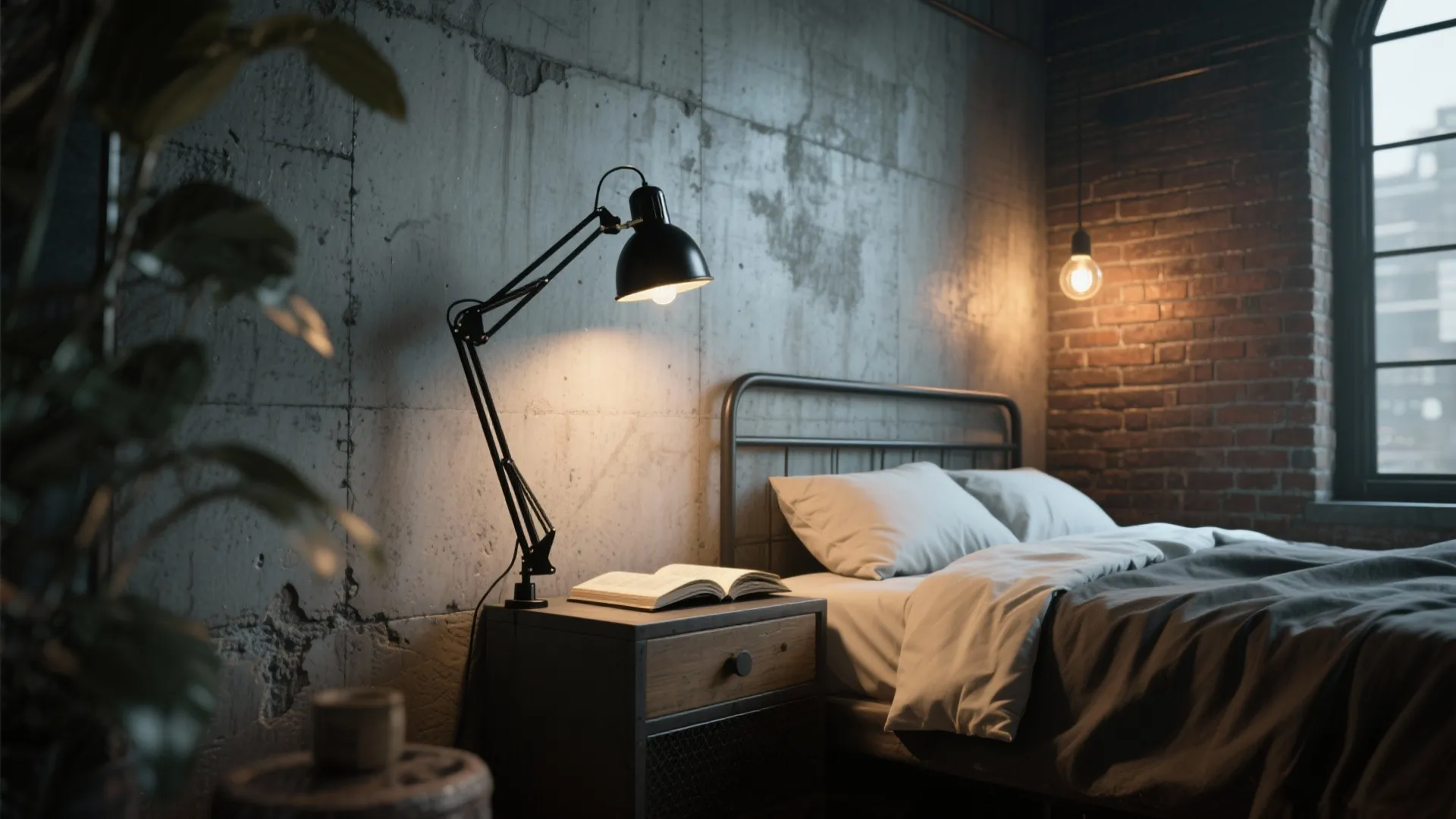 Industrial style bedroom with concrete walls a black metal bed and adjustable black table light