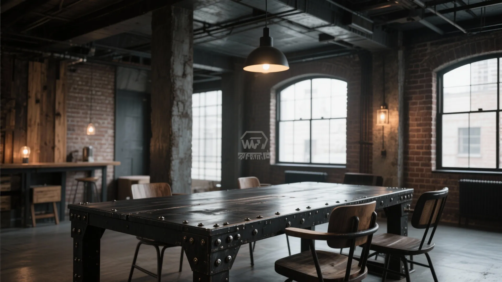 Large dark wood dining table with metal frame in industrial room with red brick wall background