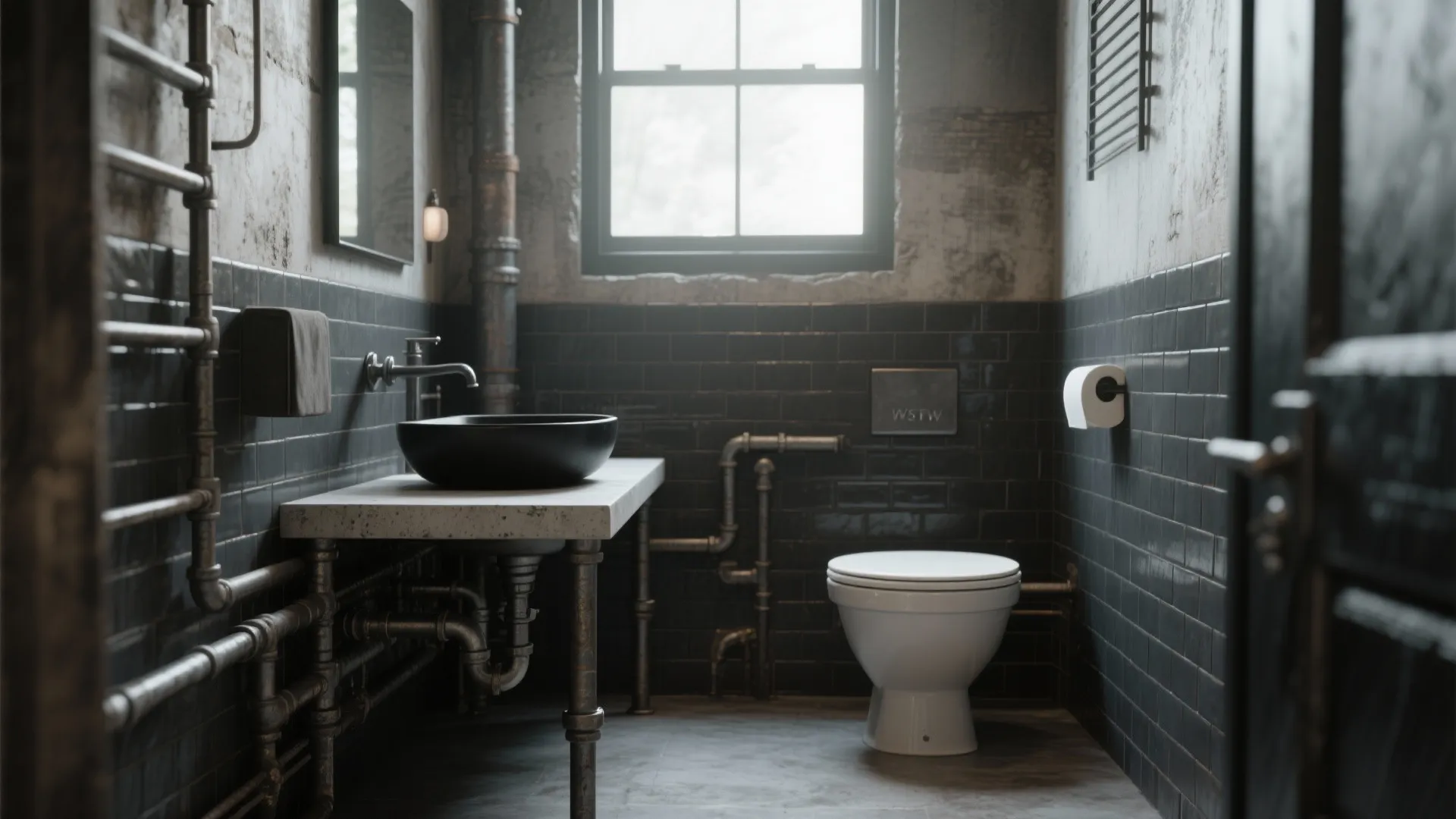 Industrial style bathroom with exposed metal pipes, black tile walls, concrete counter, and white toilet