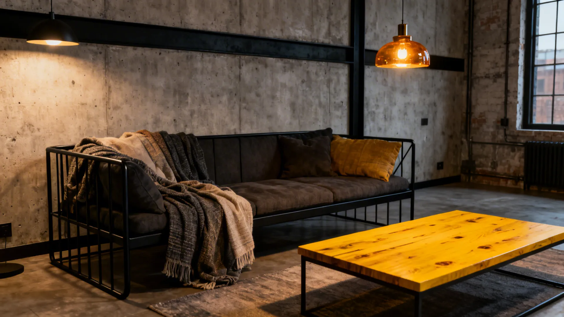 4. Industrial Edge: Black Metal + Warm Yellow Woods