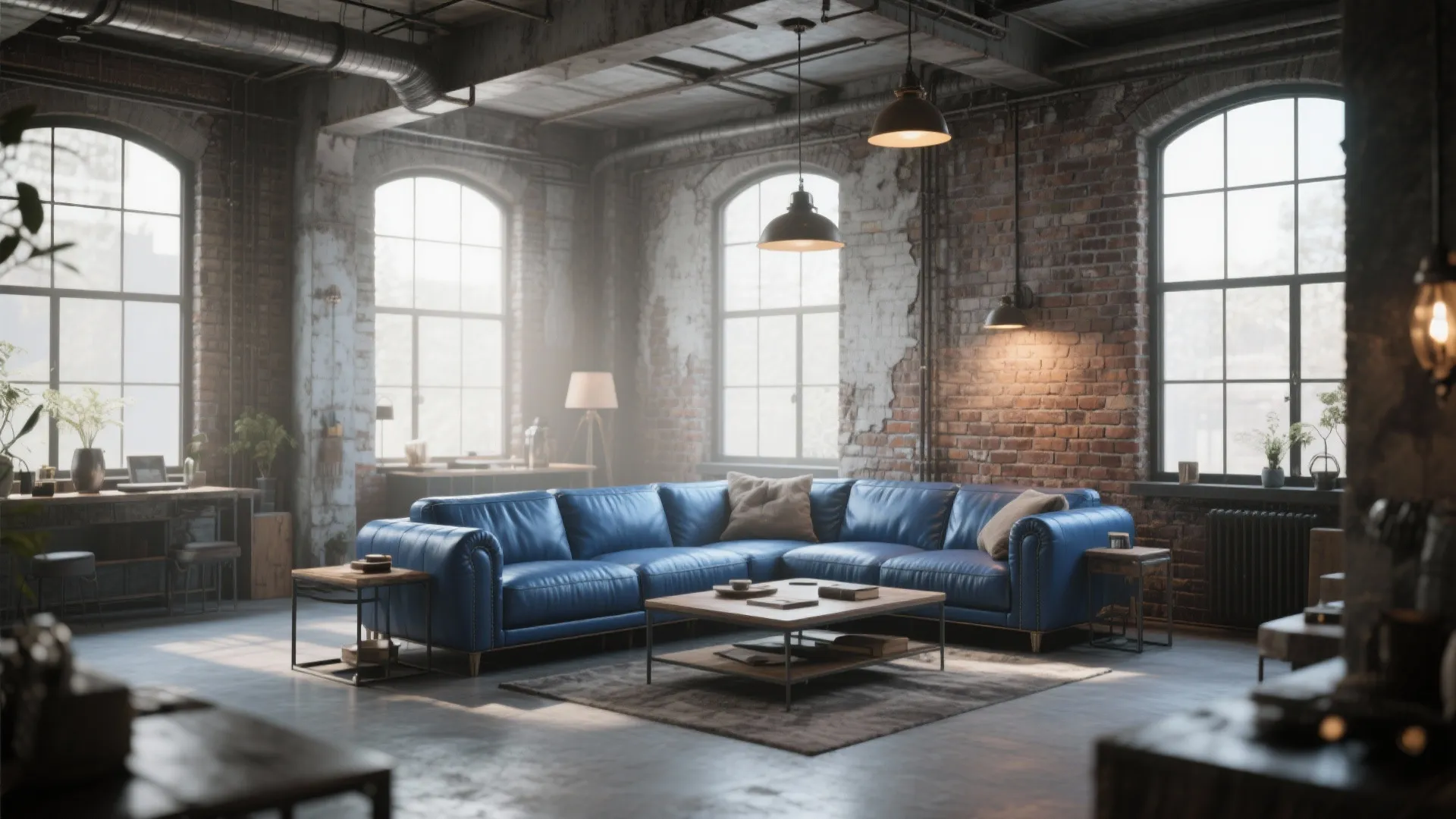 5. Industrial Loft with Blue Leather