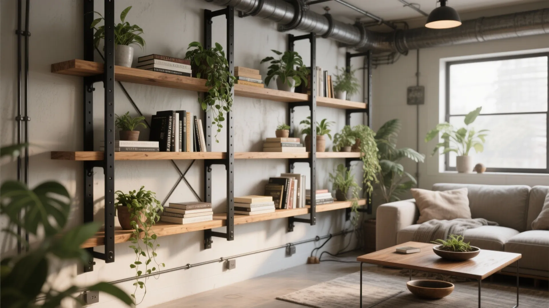 Bracketed industrial shelves with plants