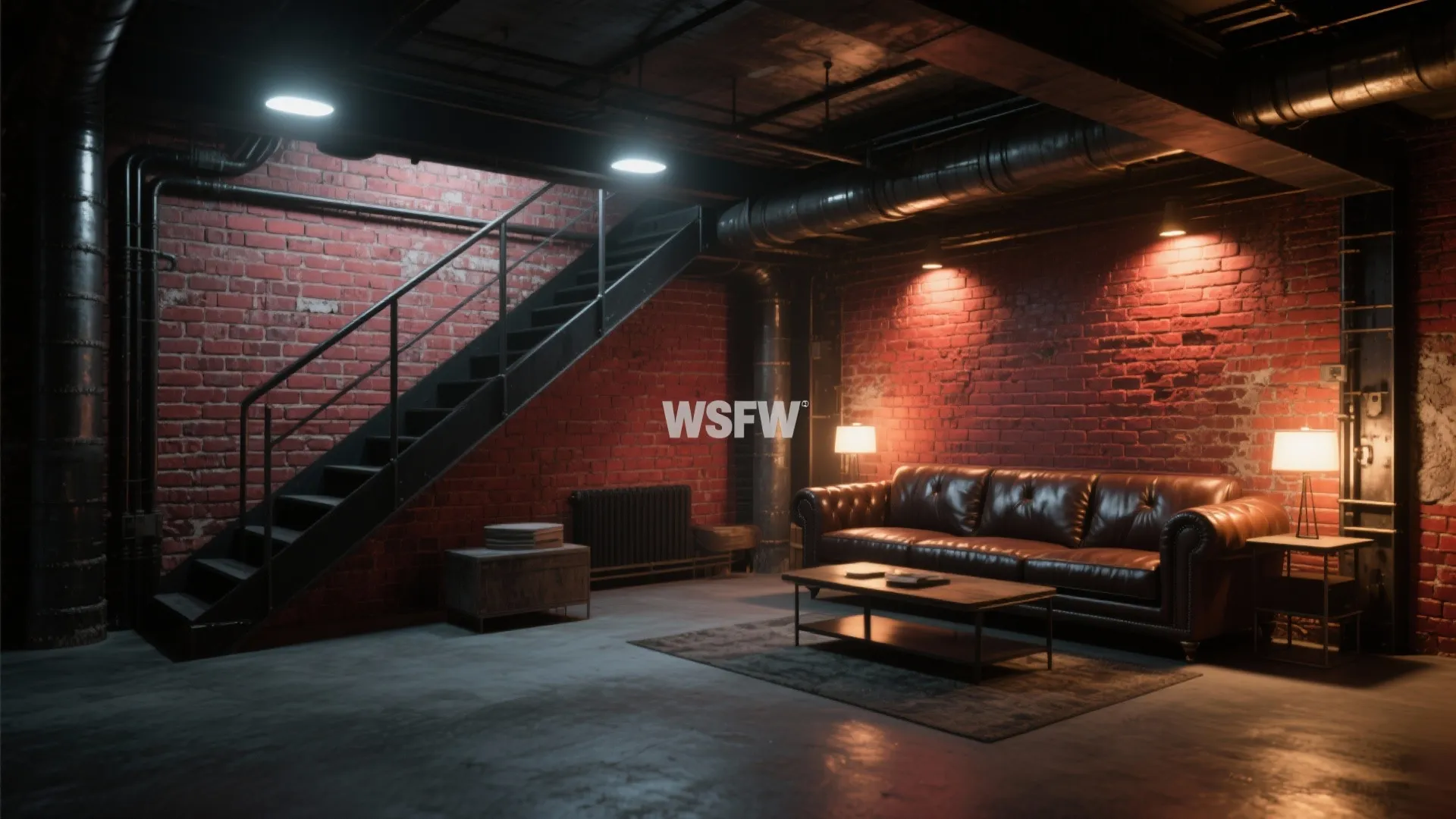 Basement living room with exposed brick and industrial decor