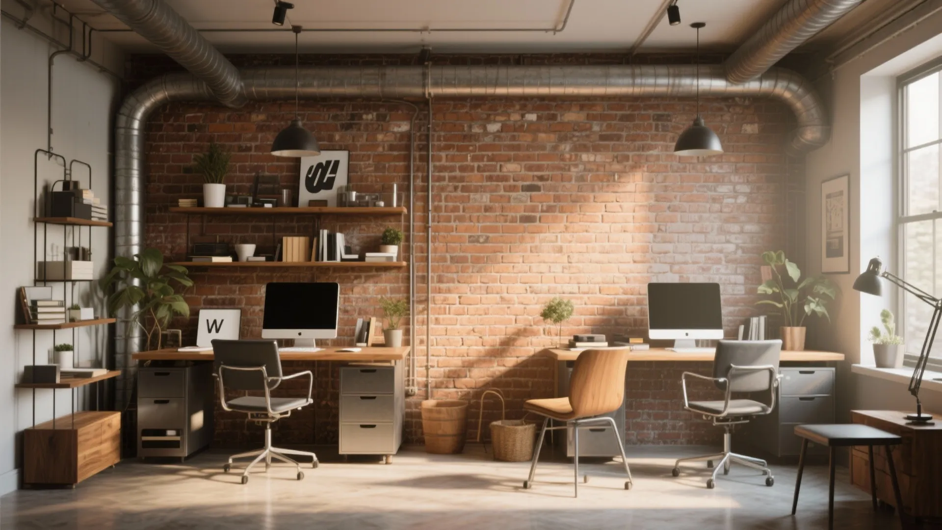 Industrial office space with red brick wall two wooden desks with computers and exposed pipes