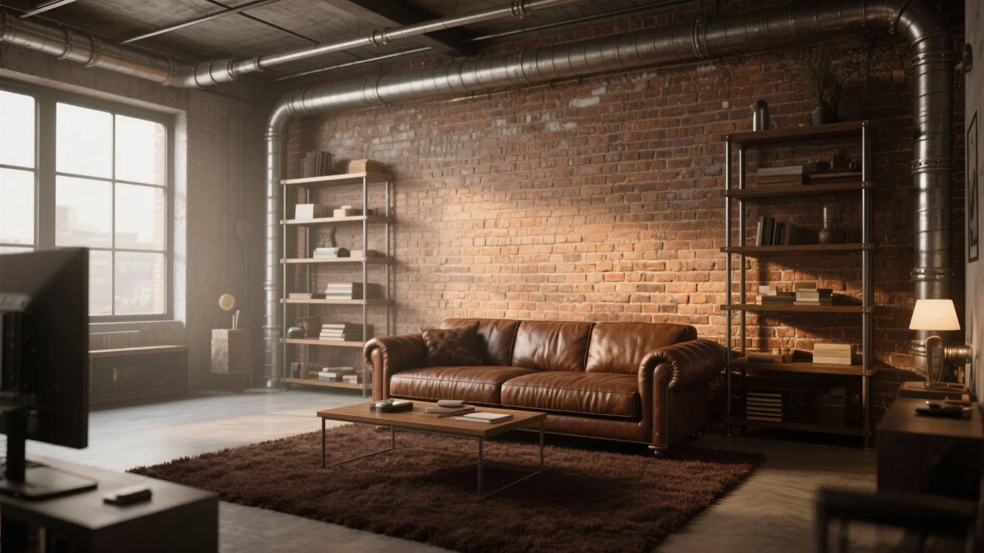 Industrial loft with brown carpet, leather, and metal accents