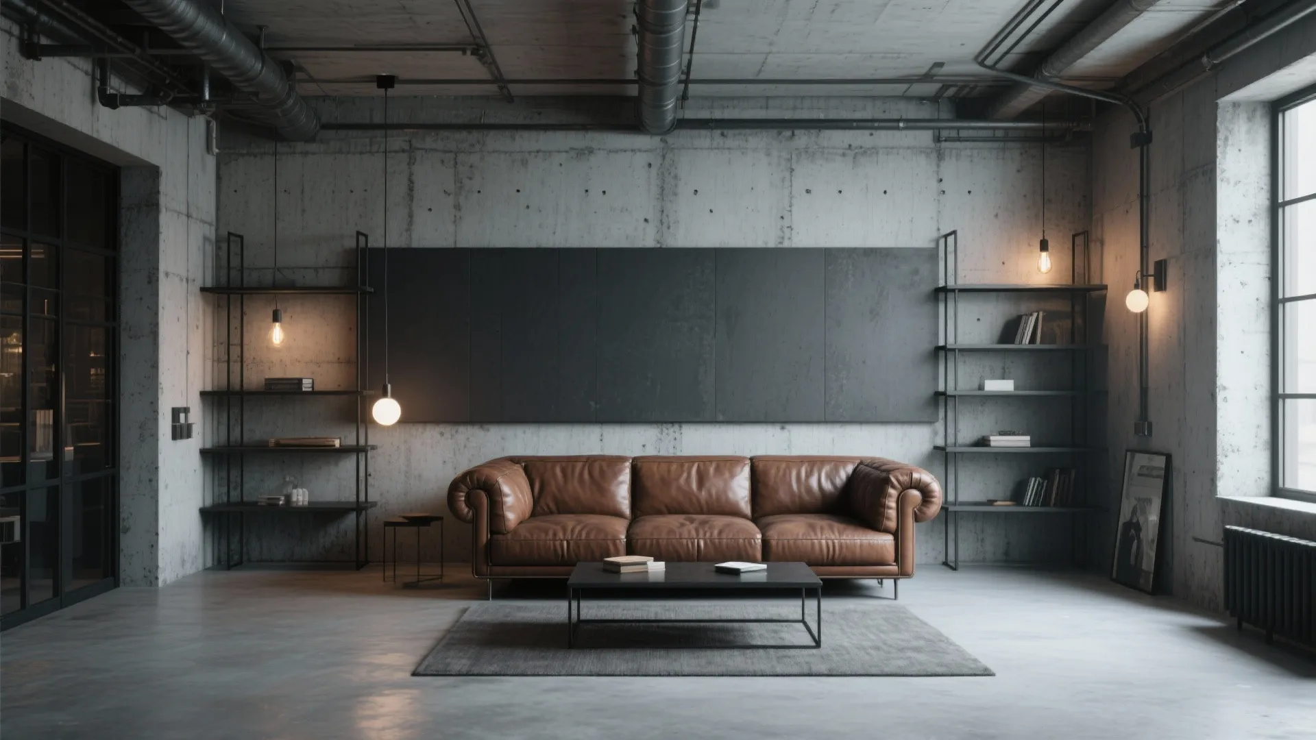Brown leather couch in modern industrial loft with concrete textures