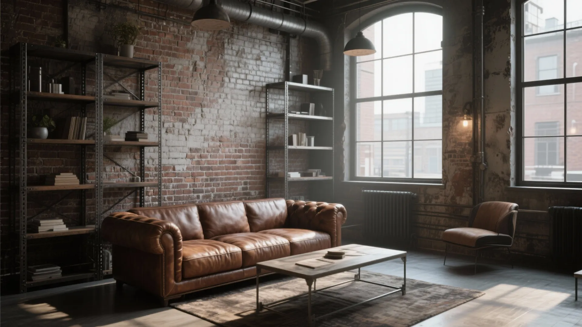 Industrial loft with exposed brick and a distressed brown leather sofa