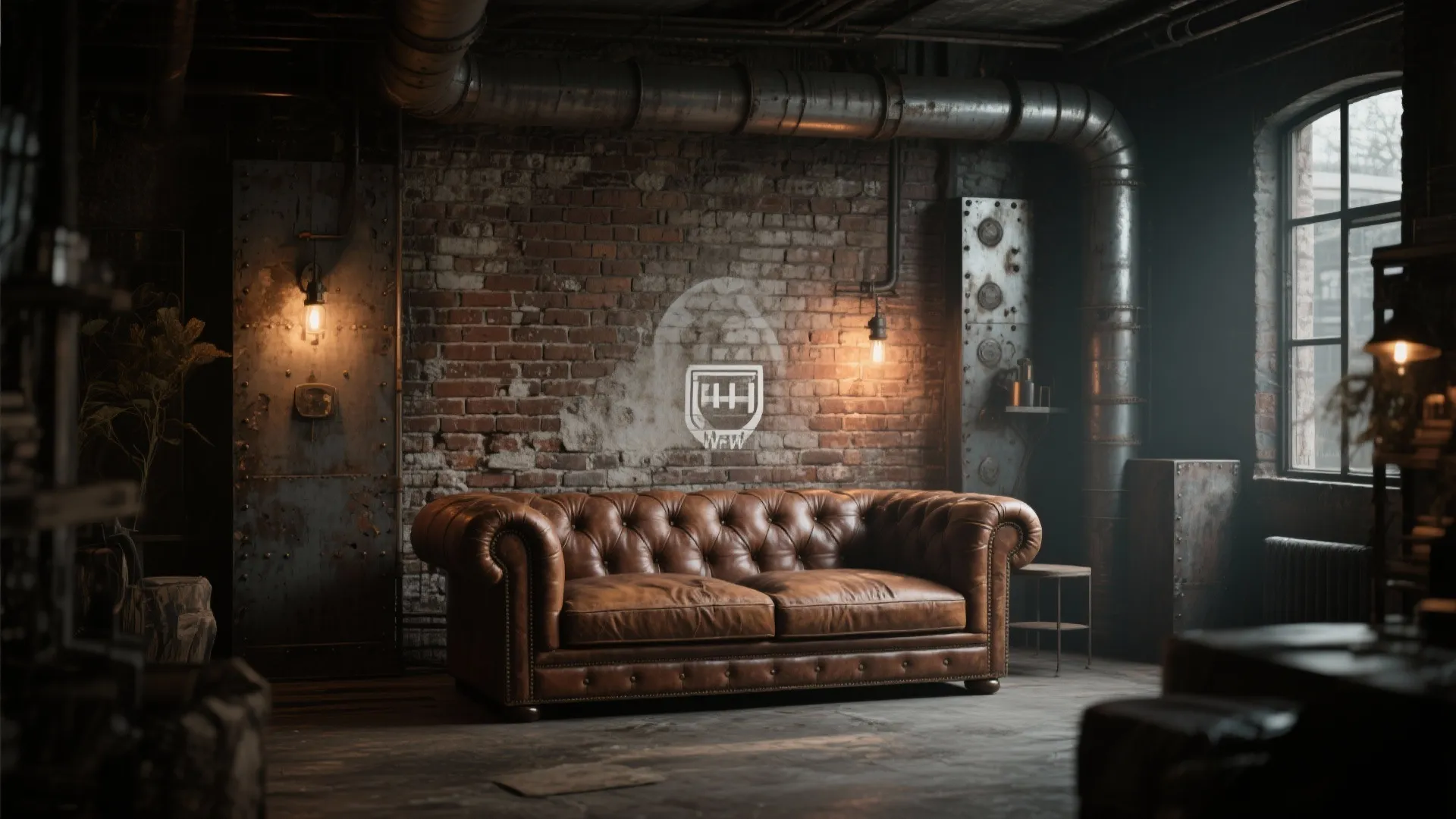 Industrial style room with brick wall leather sofa metal pipes wall light and large glass windows