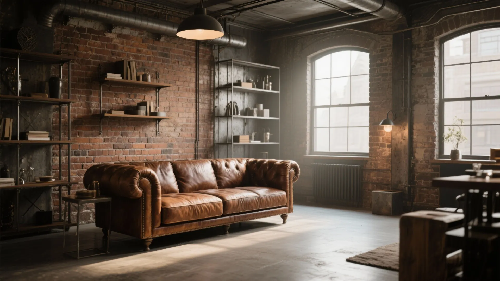 5. Brown Leather Sofa for Industrial Charm