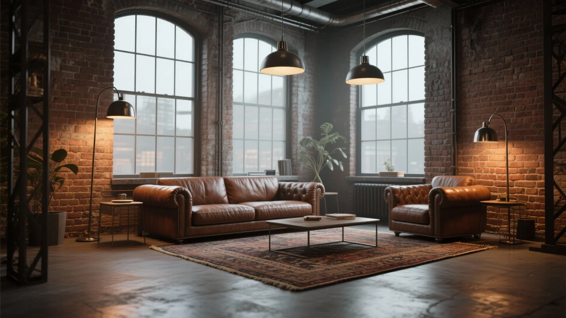 Industrial living room with red brick walls leather sofa large windows and black ceiling light fixtures