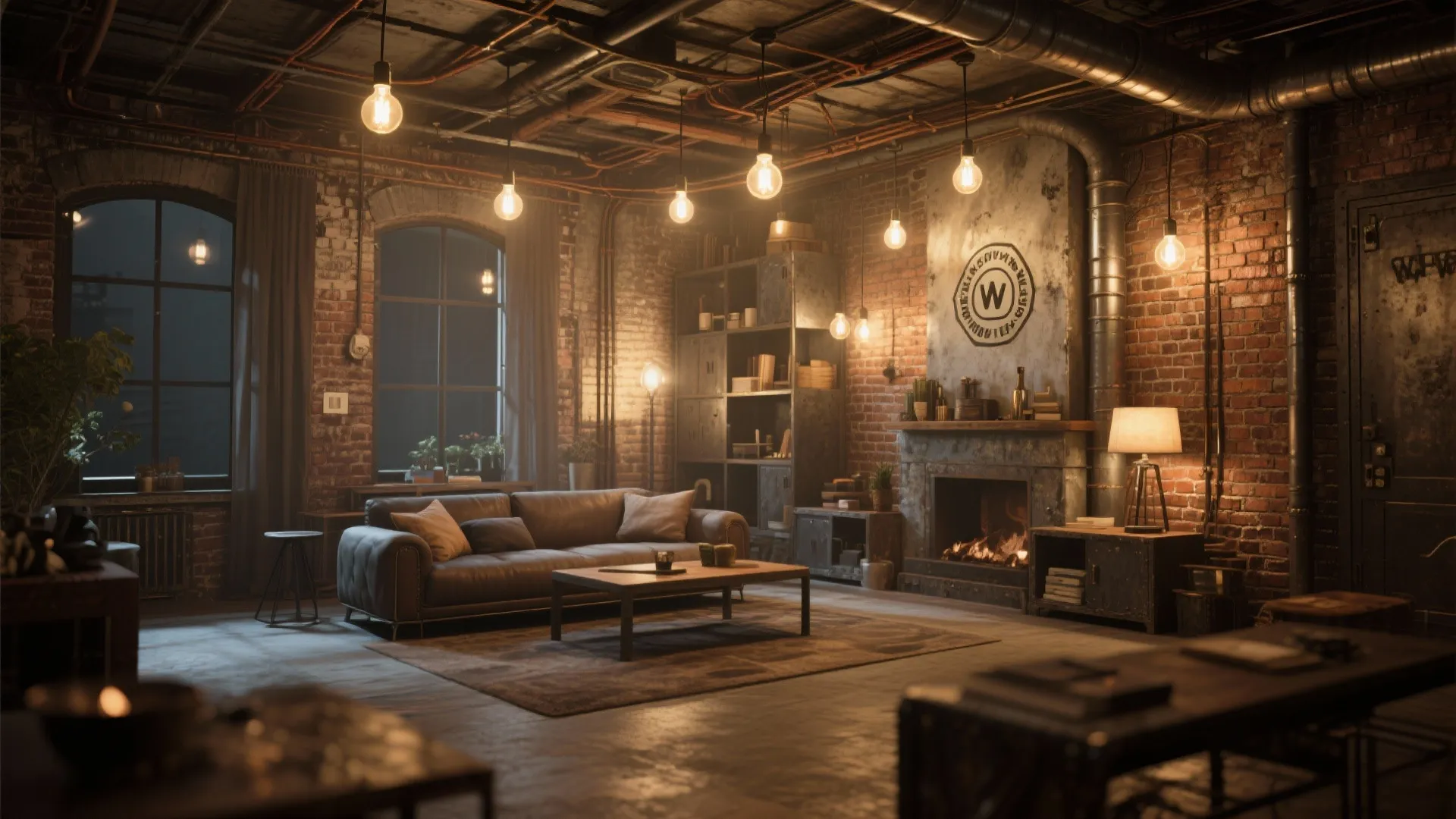Industrial Edison bulb ceiling fixture in loft living room