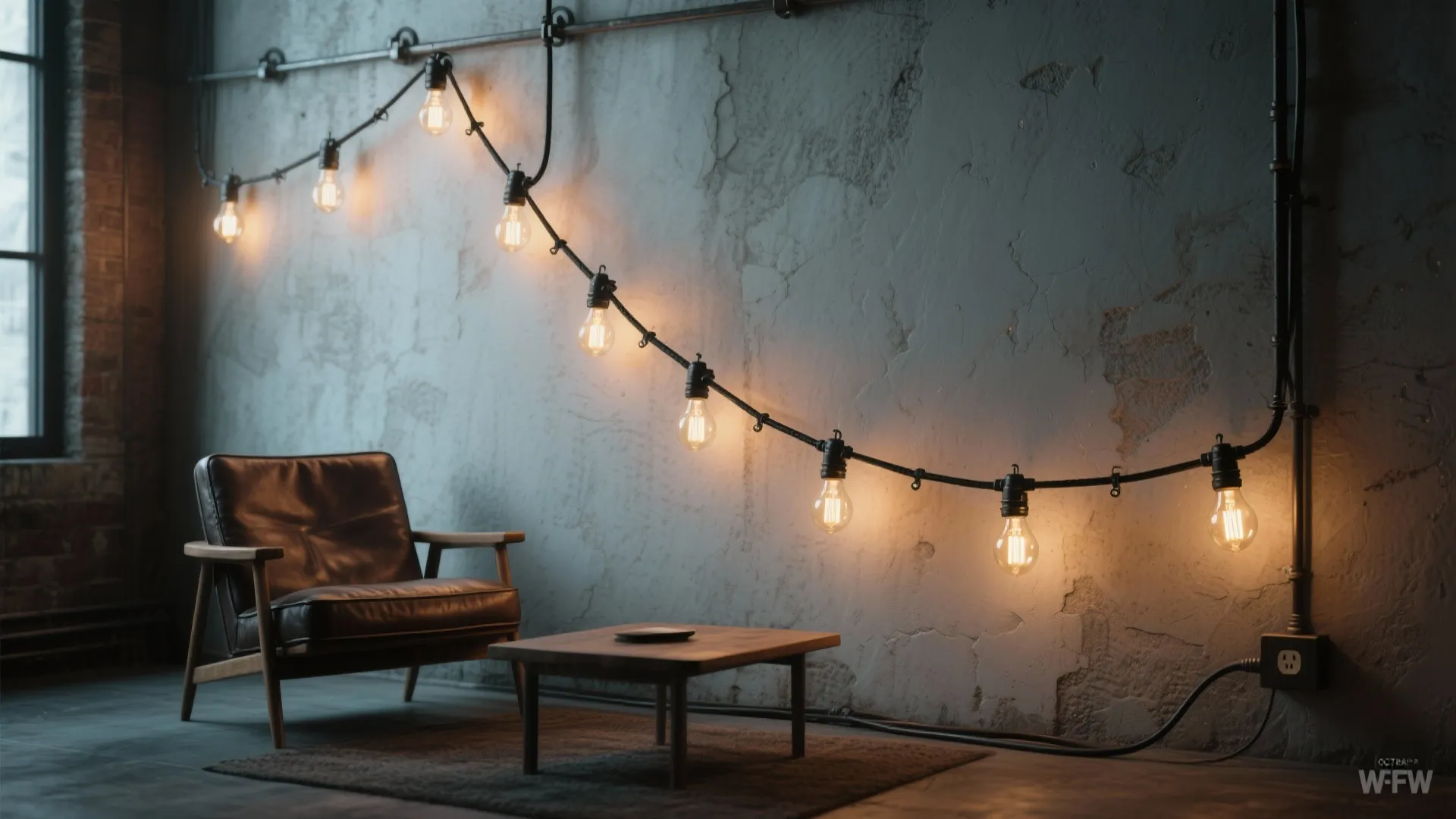 String of light bulbs hanging on a concrete wall above a brown chair and wooden table