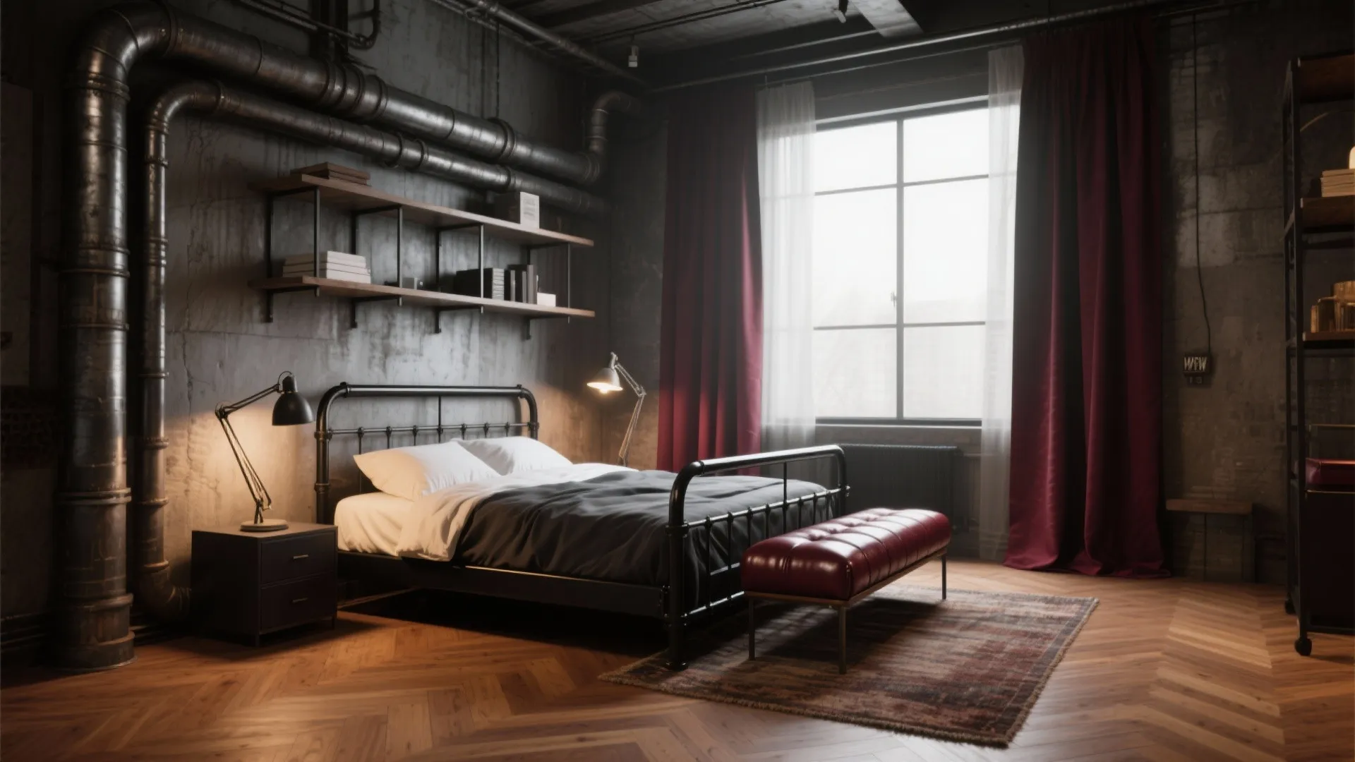 2. Industrial Edge: Black Metal + Burgundy Leather