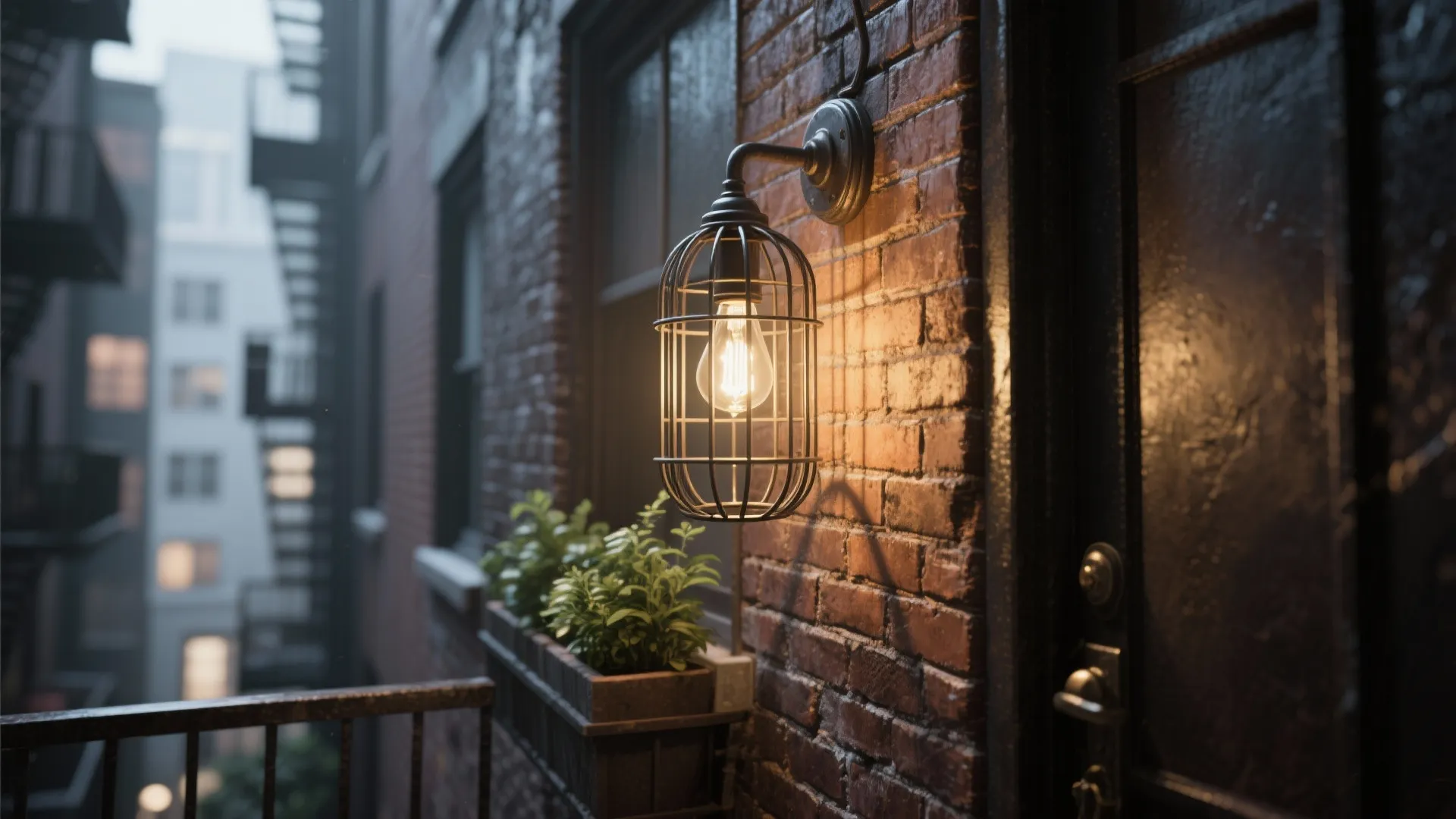 Vintage metal cage wall light on red brick wall of a balcony with small plants