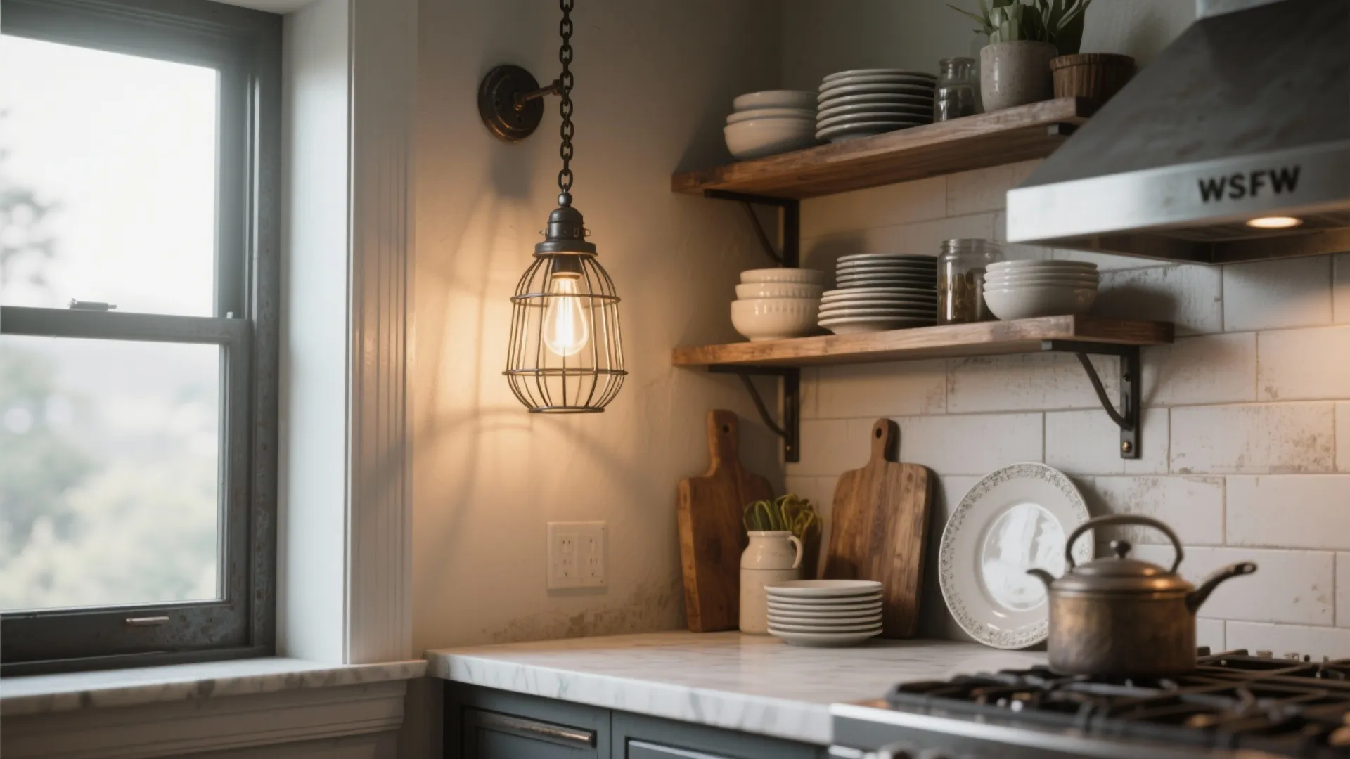 4. Industrial Cage Light Above Open Shelving