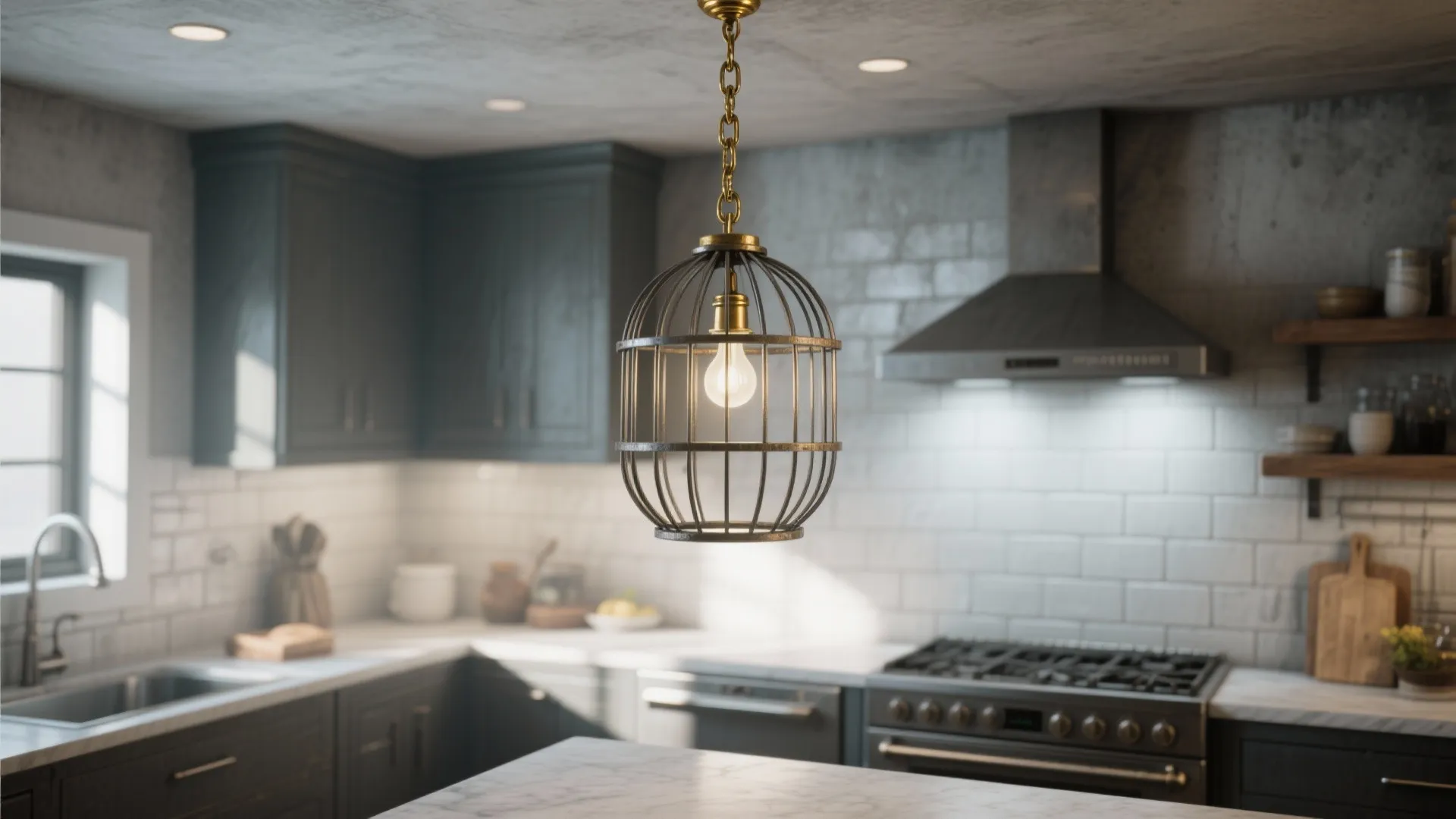 3. Industrial Cage Light with Brass Chain Accent