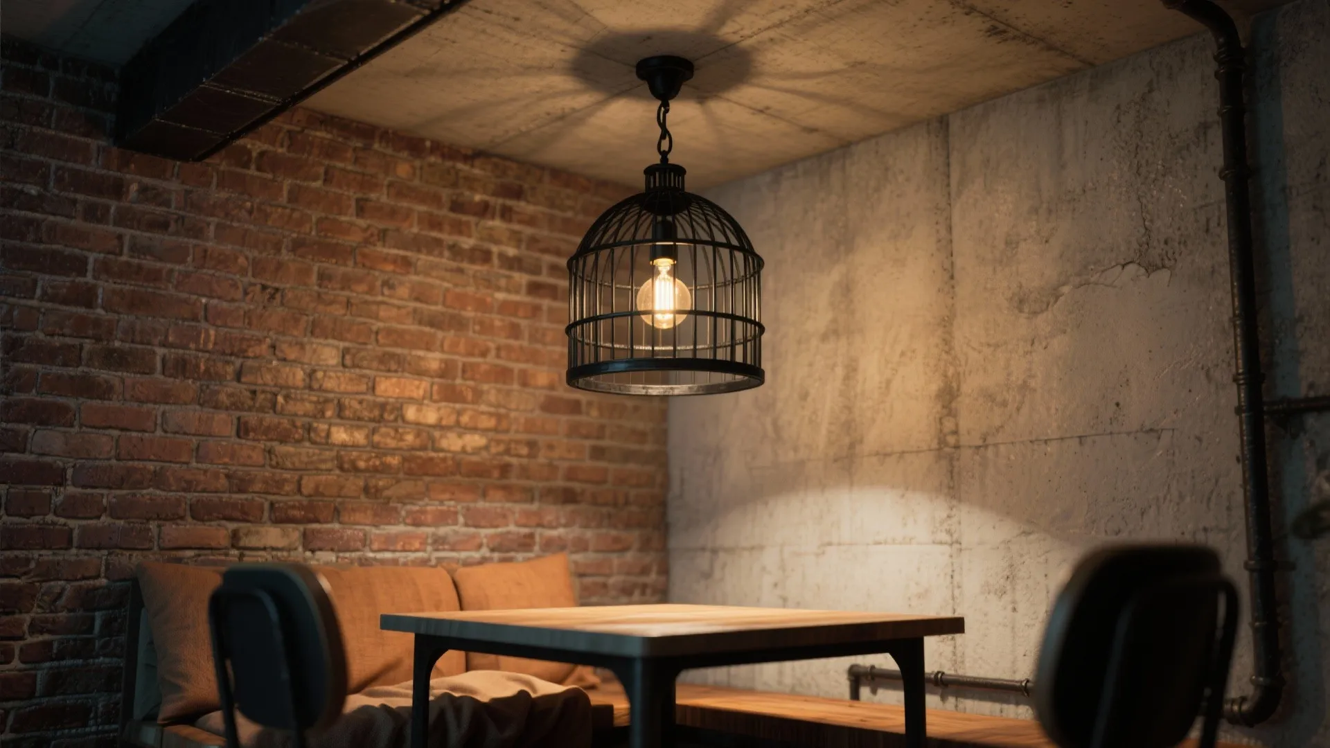 Industrial dining area featuring brick wall, wooden table, chairs, and black birdcage style ceiling light