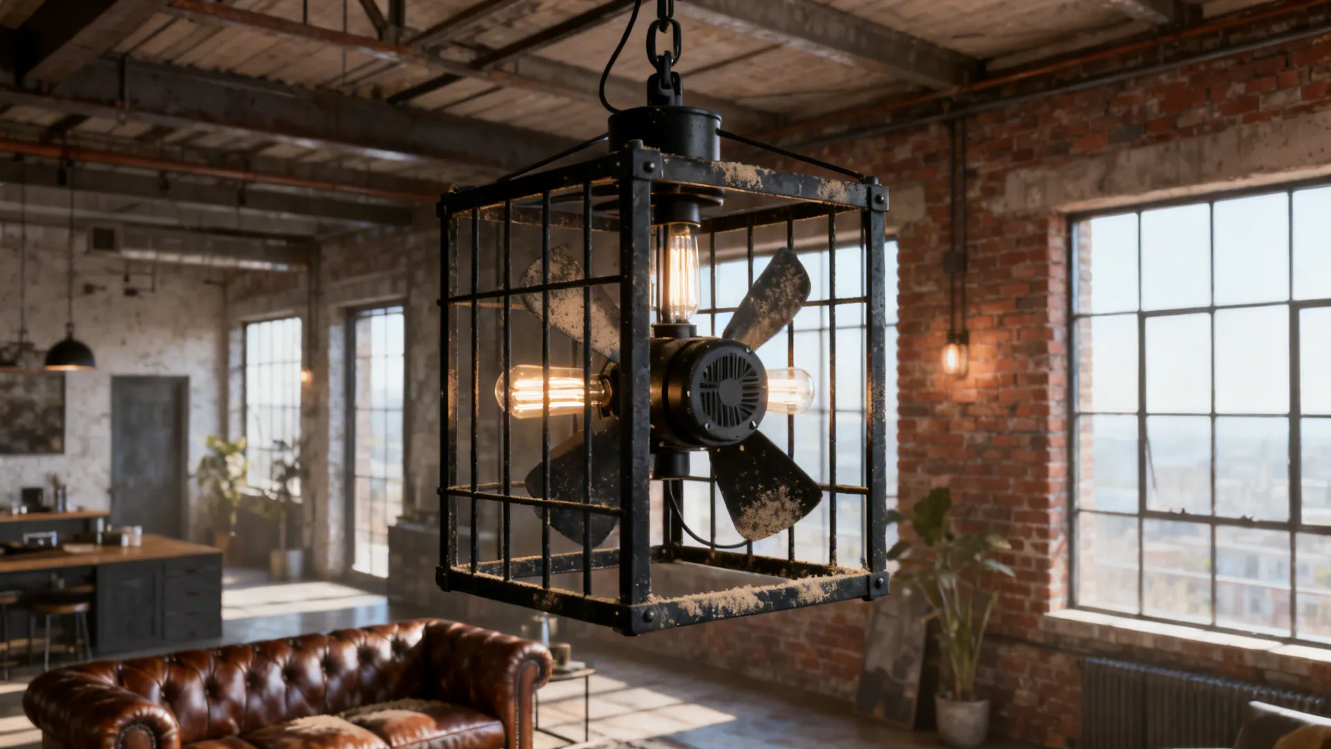Loft living room with an industrial cage chandelier hiding a compact fan unit.
