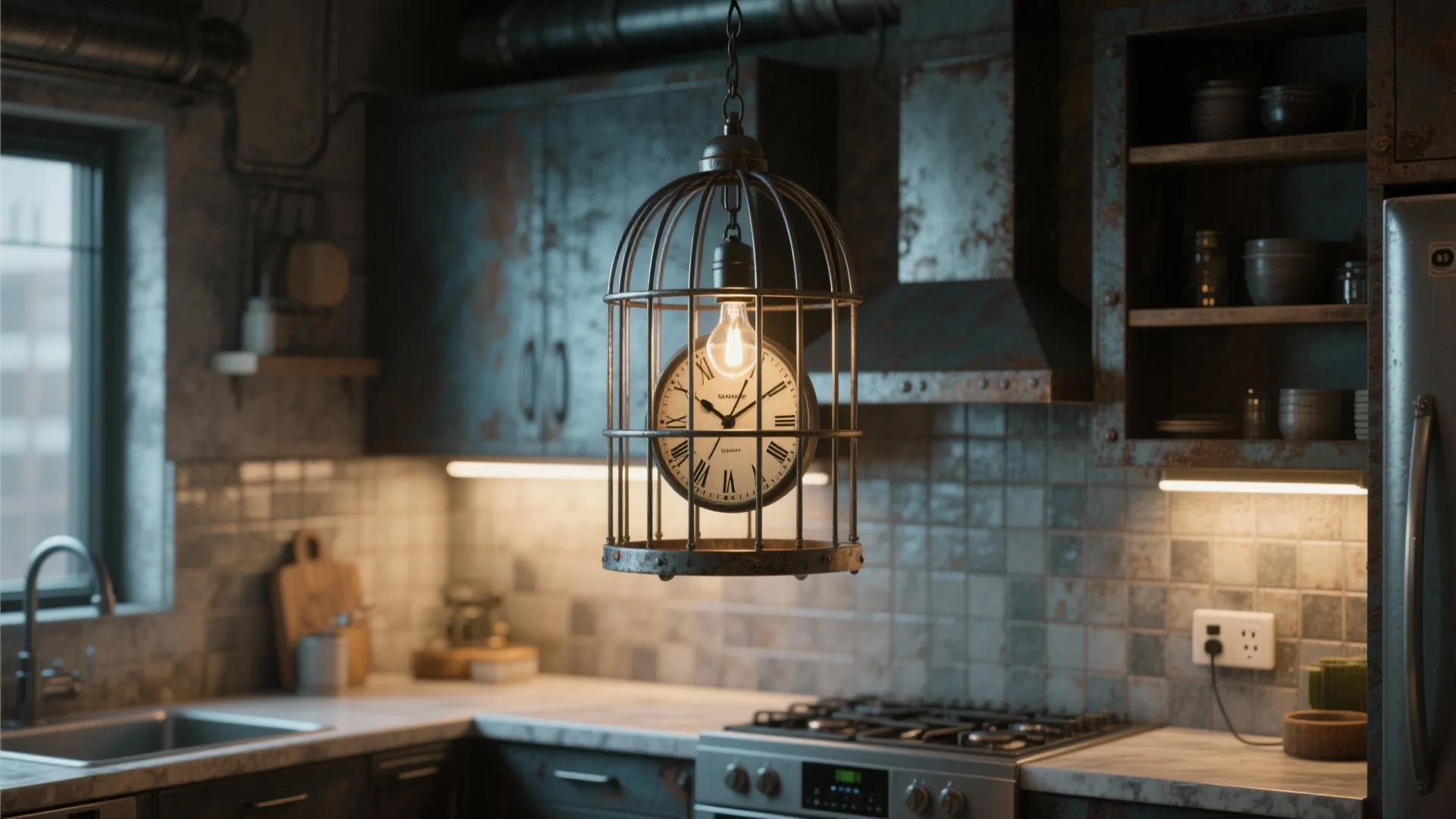 Industrial kitchen featuring a unique cage style ceiling light with a vintage clock inside it