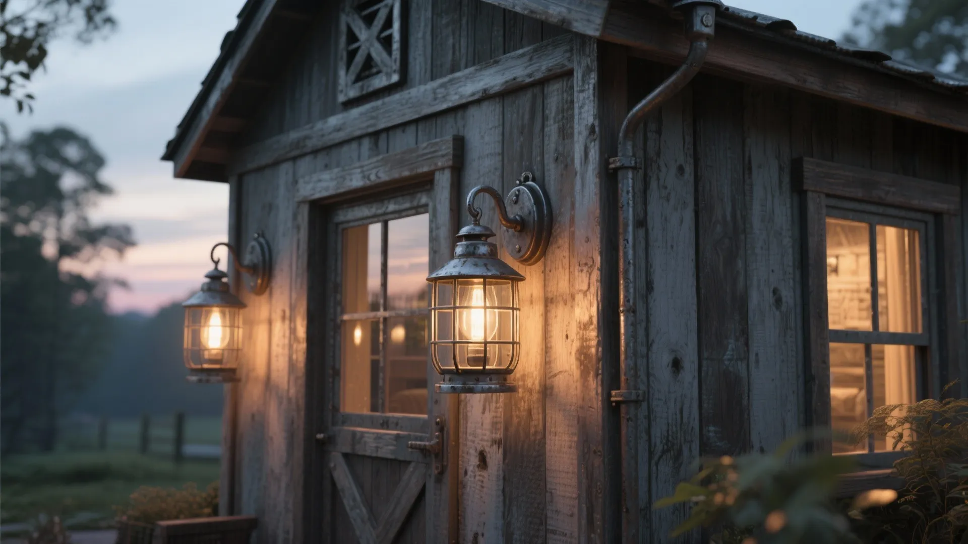 Rustic wooden cabin with glowing metal wall lights next to the door and windows outdoors