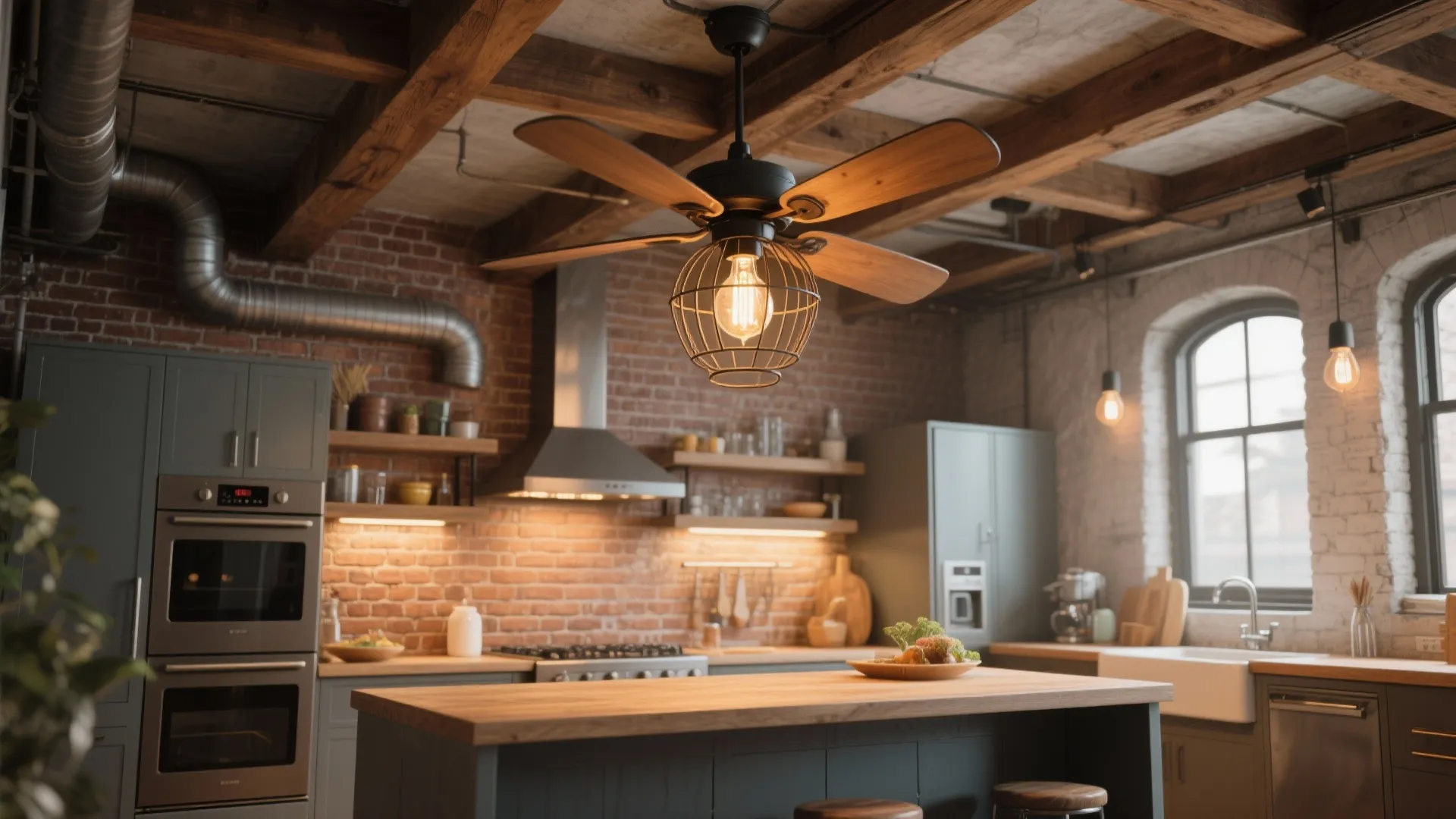 Industrial loft kitchen with open-cage ceiling fan