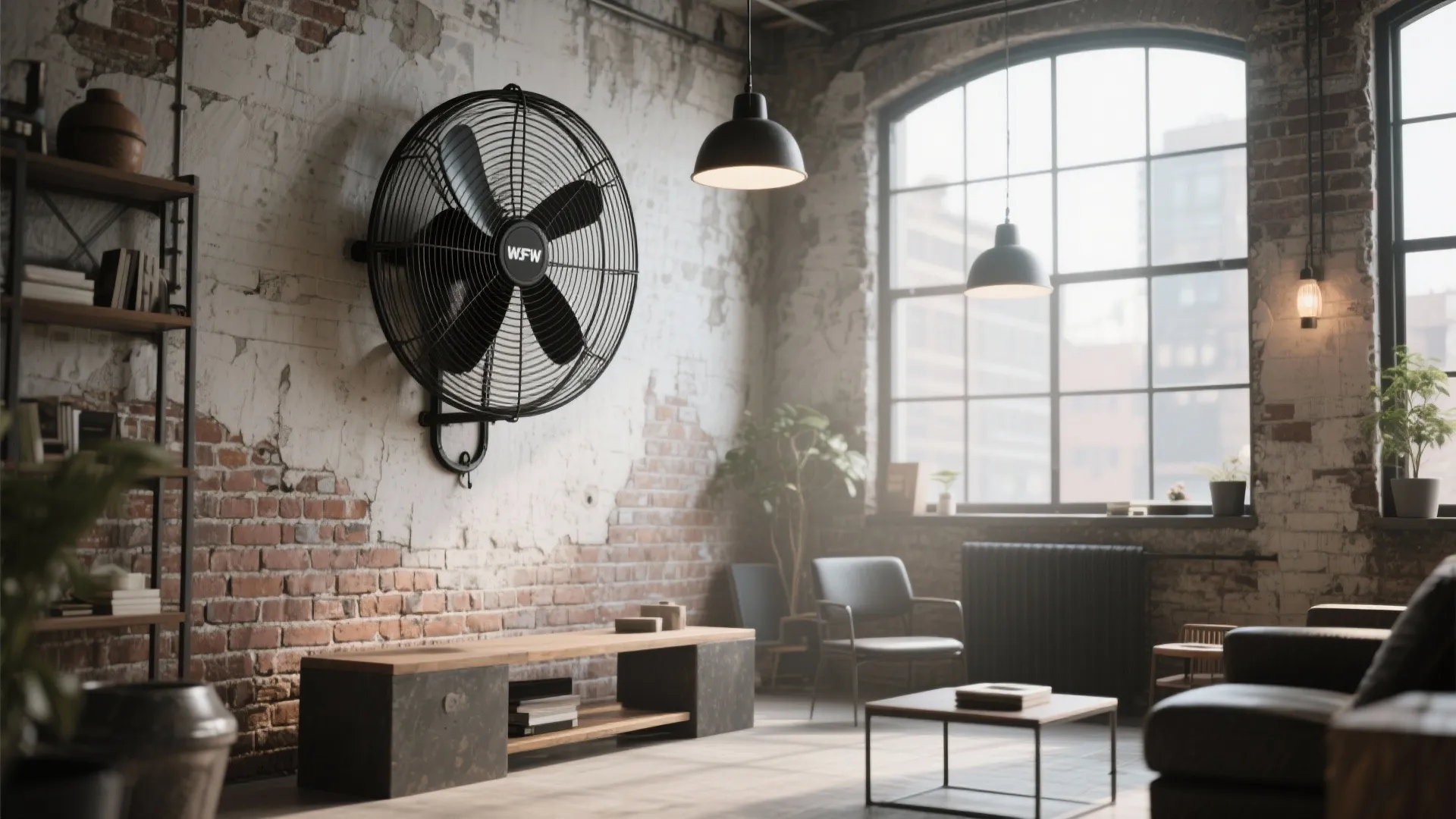 Exposed brick loft with industrial cage wall fan