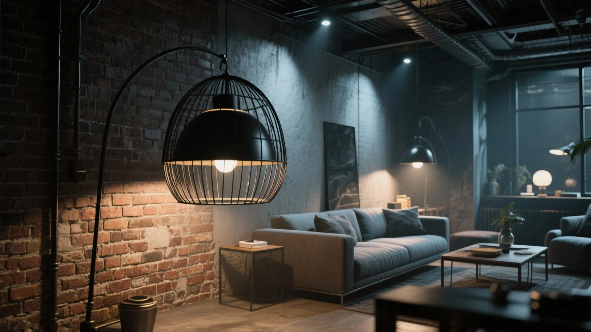 Industrial living room with brick wall and large black floor light near a grey sofa