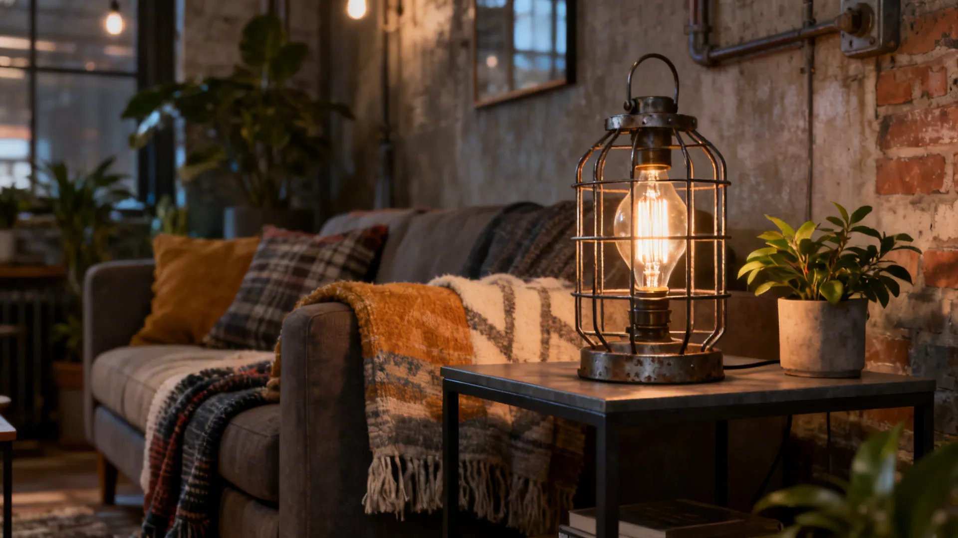 Industrial cage lamp with an exposed filament bulb on a small side table in a cozy loft-style living room.