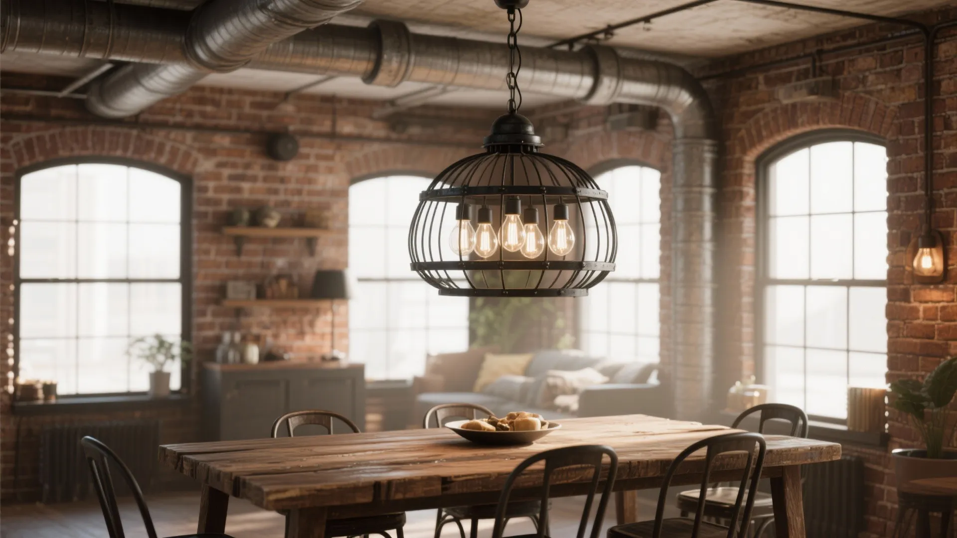 4. Industrial Black Cage Chandelier for Rustic or Loft Dining