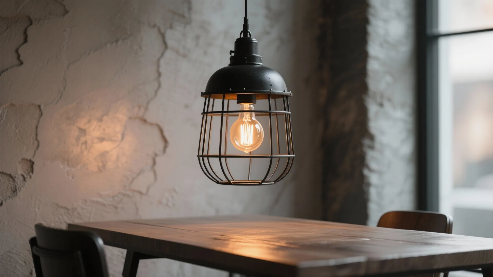 Black industrial metal cage ceiling light hanging above a wooden dining table in a room