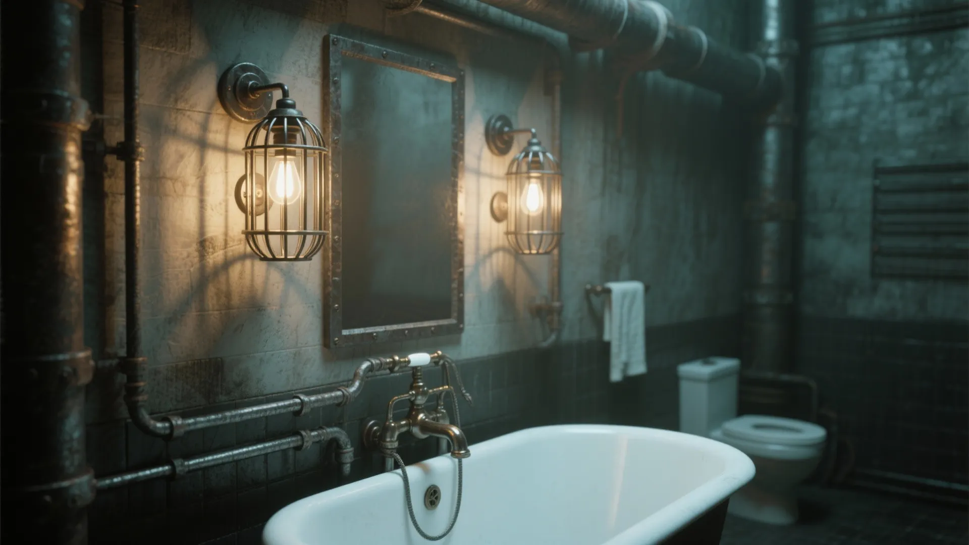 Industrial cage wall sconces near clawfoot tub in vintage bathroom